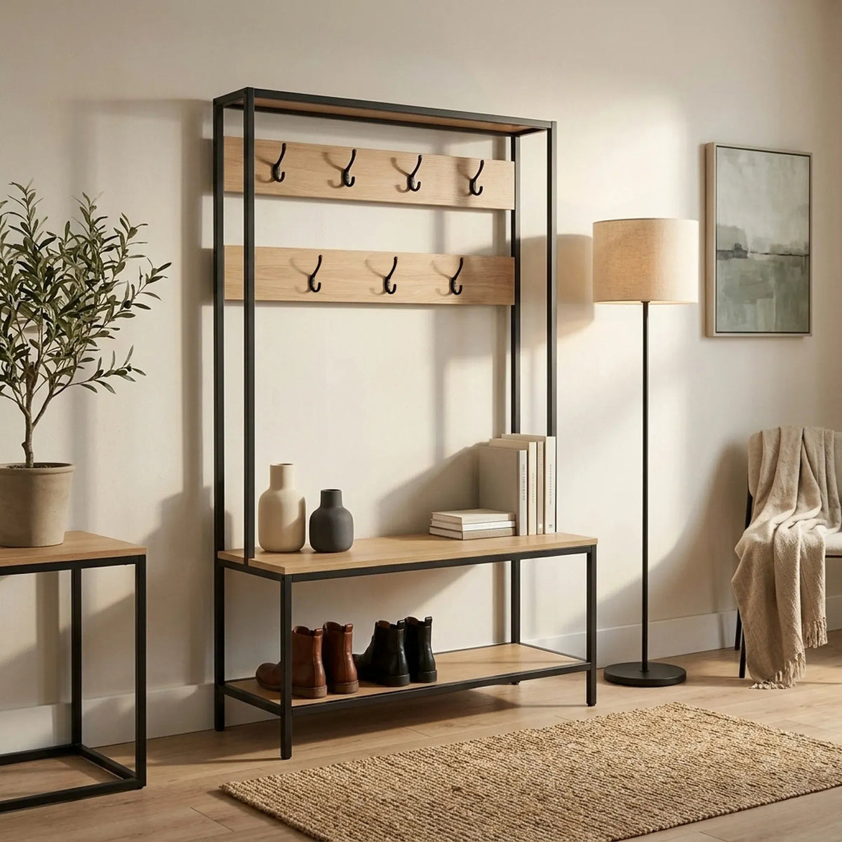 Hall Tree Coat Rack with Bench, 8 Hooks, Shoe Shelf, Rustic - Brown - Home & Garden > Storage > Clothing & Wardrobe Storage - Rivercity House & Home Co. (ABN 18 642 972 209) - Affordable Modern Furniture Australia