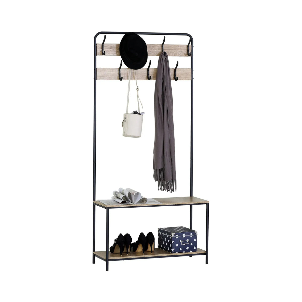 Hall Tree Coat Rack with Bench, 8 Hooks, Shoe Shelf, Rustic - Brown - Home & Garden > Storage > Clothing & Wardrobe Storage - Rivercity House & Home Co. (ABN 18 642 972 209) - Affordable Modern Furniture Australia