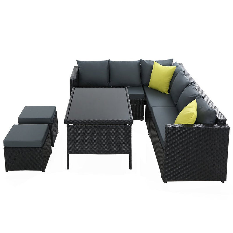 Hamilton 8 Seat Corner Outdoor Dining Setting - Black With Grey Cushions - Rivercity House & Home Co. (ABN 18 642 972 209) - Affordable Modern Furniture Australia