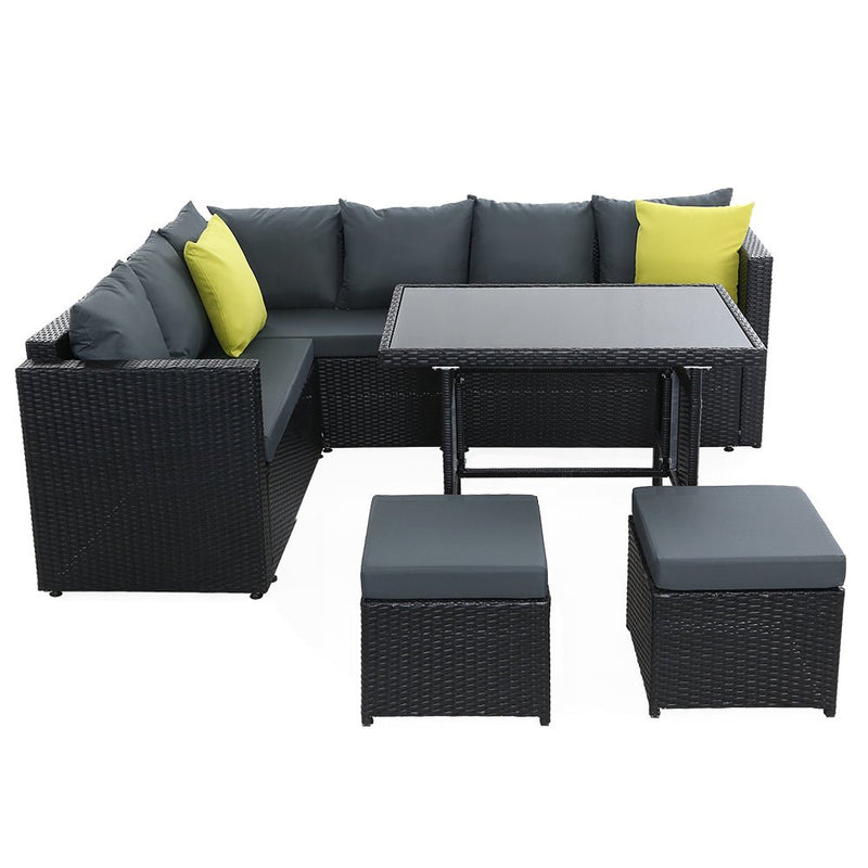 Hamilton 8 Seat Corner Outdoor Dining Setting - Black With Grey Cushions - Rivercity House & Home Co. (ABN 18 642 972 209) - Affordable Modern Furniture Australia