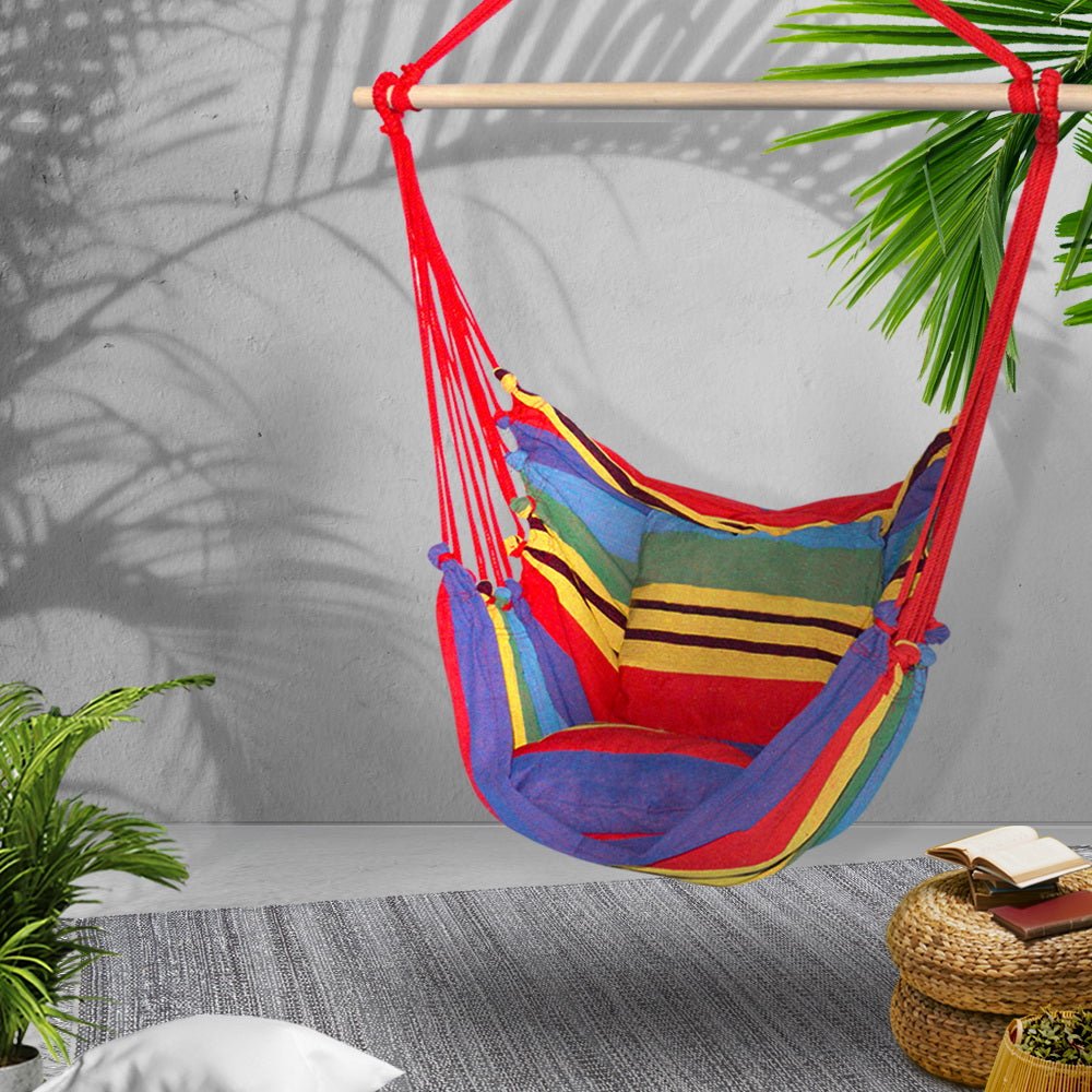 Hammock Chair Outdoor Camping Hanging Hammocks Cushion Pillow Rainbow - Home & Garden > Hammocks > Hammocks & Accessories - Rivercity House & Home Co. (ABN 18 642 972 209) - Affordable Modern Furniture Australia