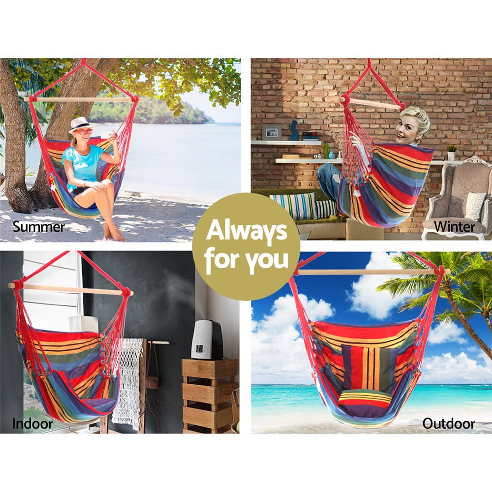 Hammock Chair Outdoor Camping Hanging Hammocks Cushion Pillow Rainbow - Home & Garden > Hammocks > Hammocks & Accessories - Rivercity House & Home Co. (ABN 18 642 972 209) - Affordable Modern Furniture Australia