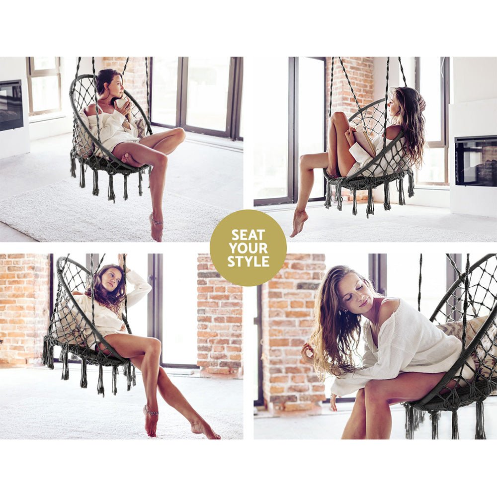 Hammock Chair Outdoor Hanging Macrame Cotton Indoor Grey - Home & Garden > Hammocks > Hammocks & Accessories - Rivercity House & Home Co. (ABN 18 642 972 209) - Affordable Modern Furniture Australia