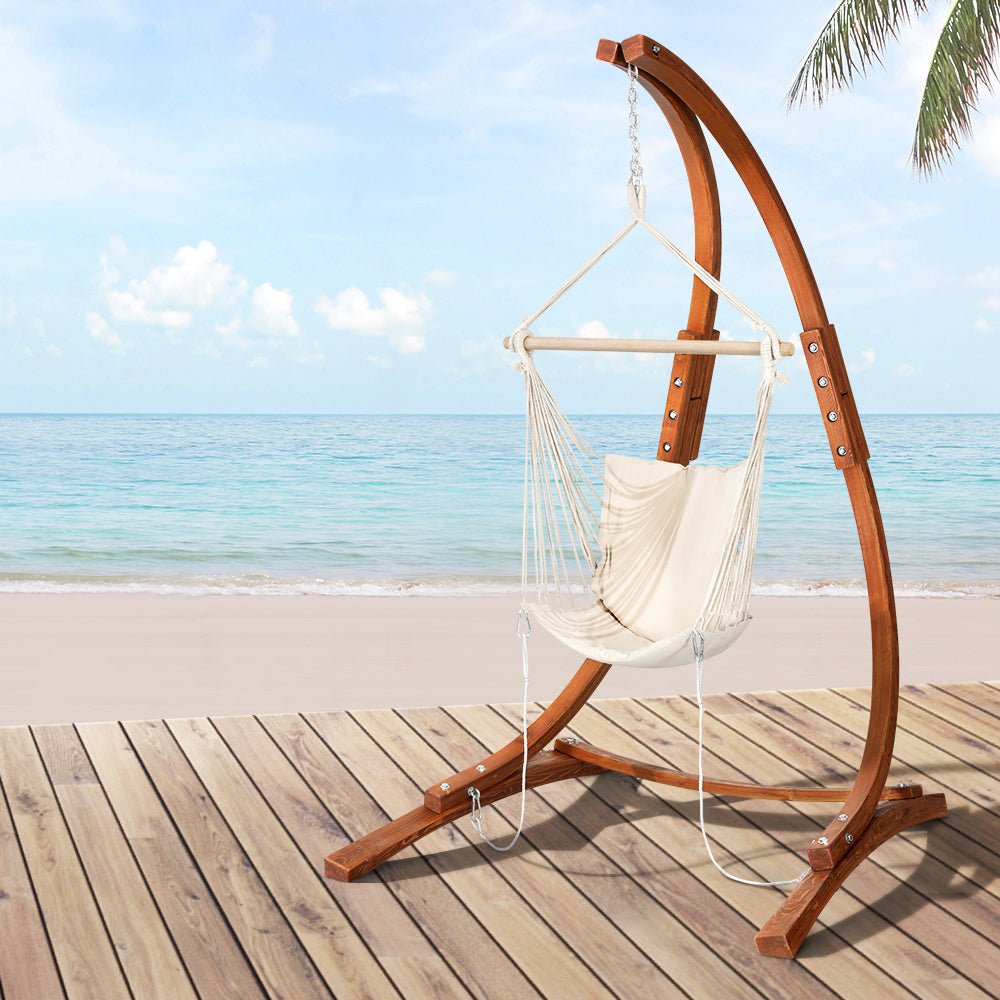 Hammock Chair Timber Outdoor Furniture Camping with Stand White - Furniture > Outdoor > Outdoor Chairs - Rivercity House & Home Co. (ABN 18 642 972 209) - Affordable Modern Furniture Australia