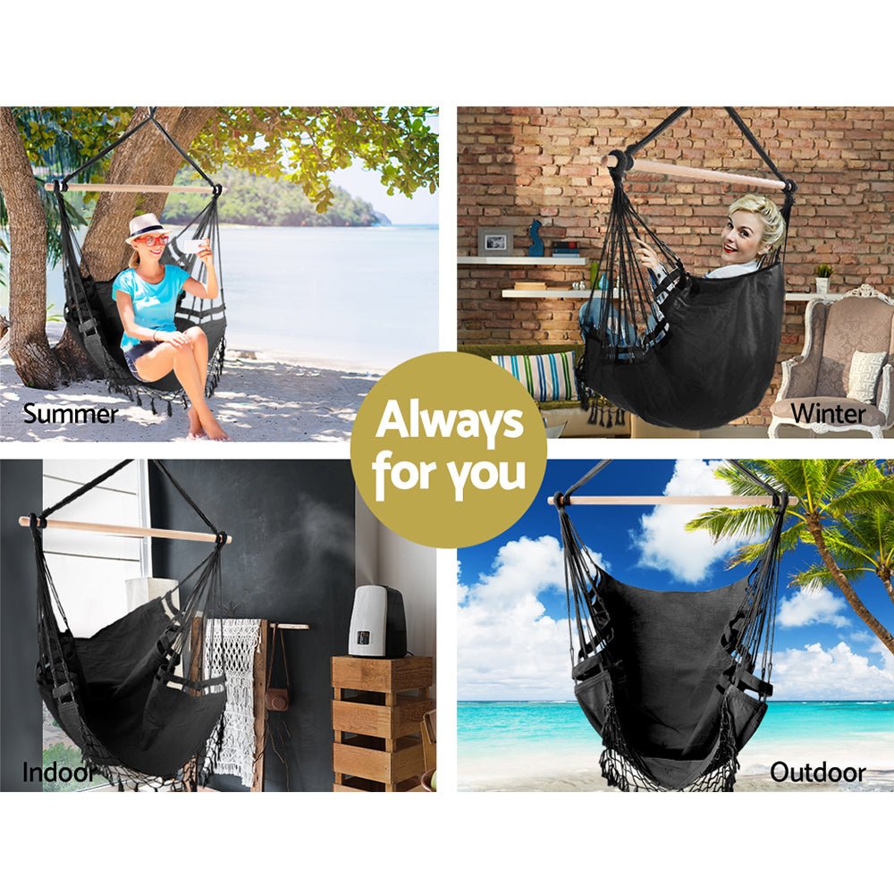 Hanging Hammock Chair Outdoor Swing Hammocks Tassel Grey - Furniture > Outdoor > Outdoor Chairs - Rivercity House & Home Co. (ABN 18 642 972 209) - Affordable Modern Furniture Australia