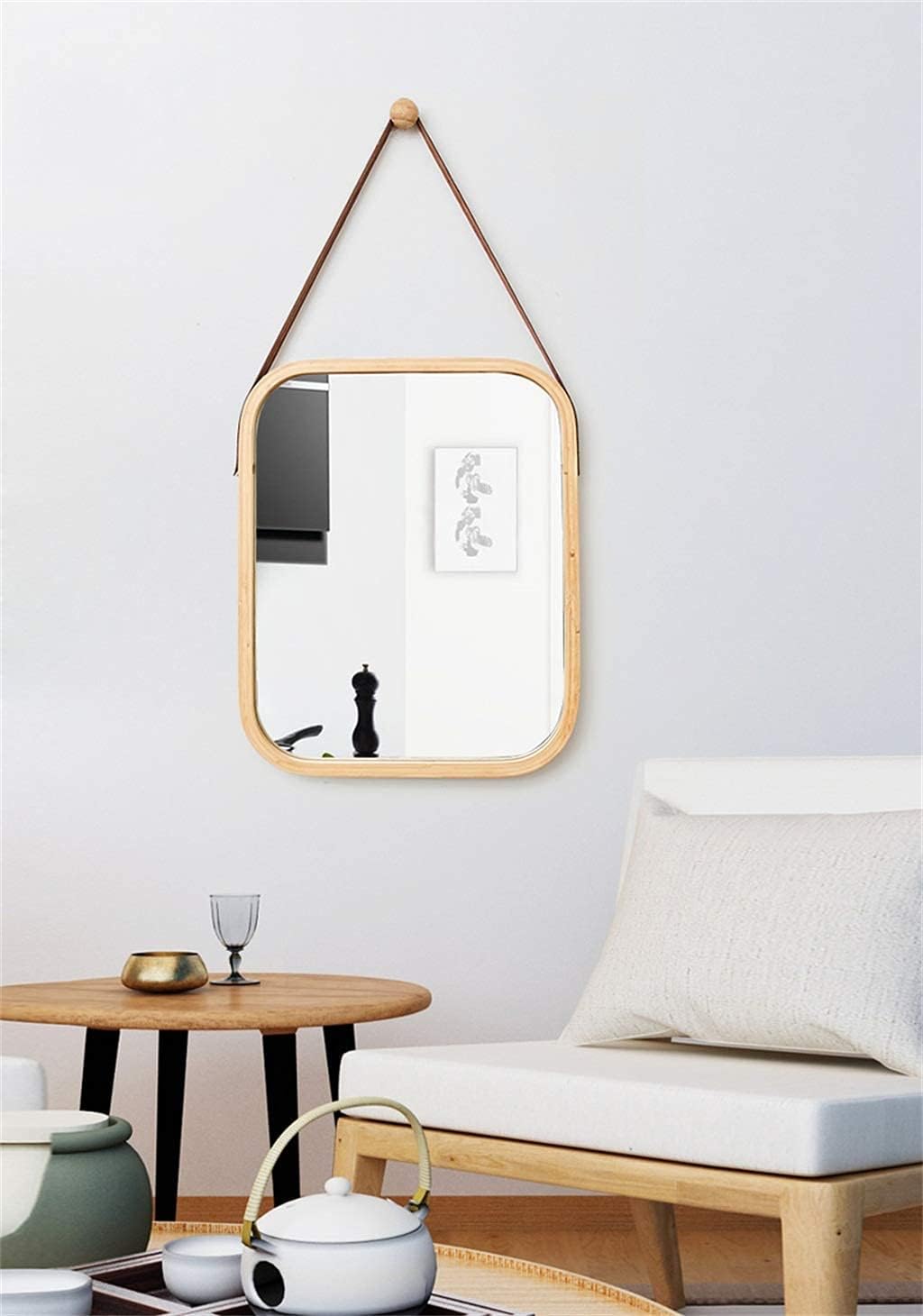 Hanging Wall Mirror 40x33 cm with Bamboo Frame and Adjustable Leather Strap - Natural - Home & Garden > Decor > Mirrors - Rivercity House & Home Co. (ABN 18 642 972 209) - Affordable Modern Furniture Australia