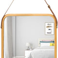 Hanging Wall Mirror 40x33 cm with Bamboo Frame and Adjustable Leather Strap - Natural
