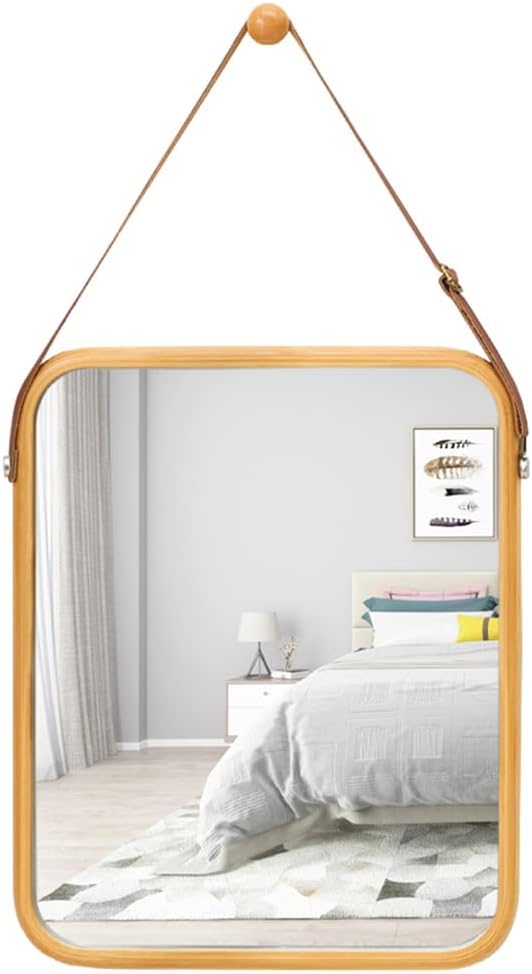 Hanging Wall Mirror 40x33 cm with Bamboo Frame and Adjustable Leather Strap - Natural - Home & Garden > Decor > Mirrors - Rivercity House & Home Co. (ABN 18 642 972 209) - Affordable Modern Furniture Australia