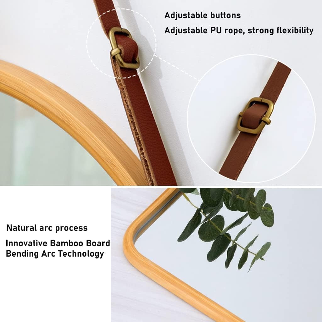 Hanging Wall Mirror 40x33 cm with Bamboo Frame and Adjustable Leather Strap - Natural - Home & Garden > Decor > Mirrors - Rivercity House & Home Co. (ABN 18 642 972 209) - Affordable Modern Furniture Australia