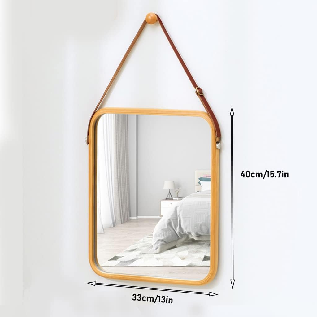 Hanging Wall Mirror 40x33 cm with Bamboo Frame and Adjustable Leather Strap - Natural - Home & Garden > Decor > Mirrors - Rivercity House & Home Co. (ABN 18 642 972 209) - Affordable Modern Furniture Australia