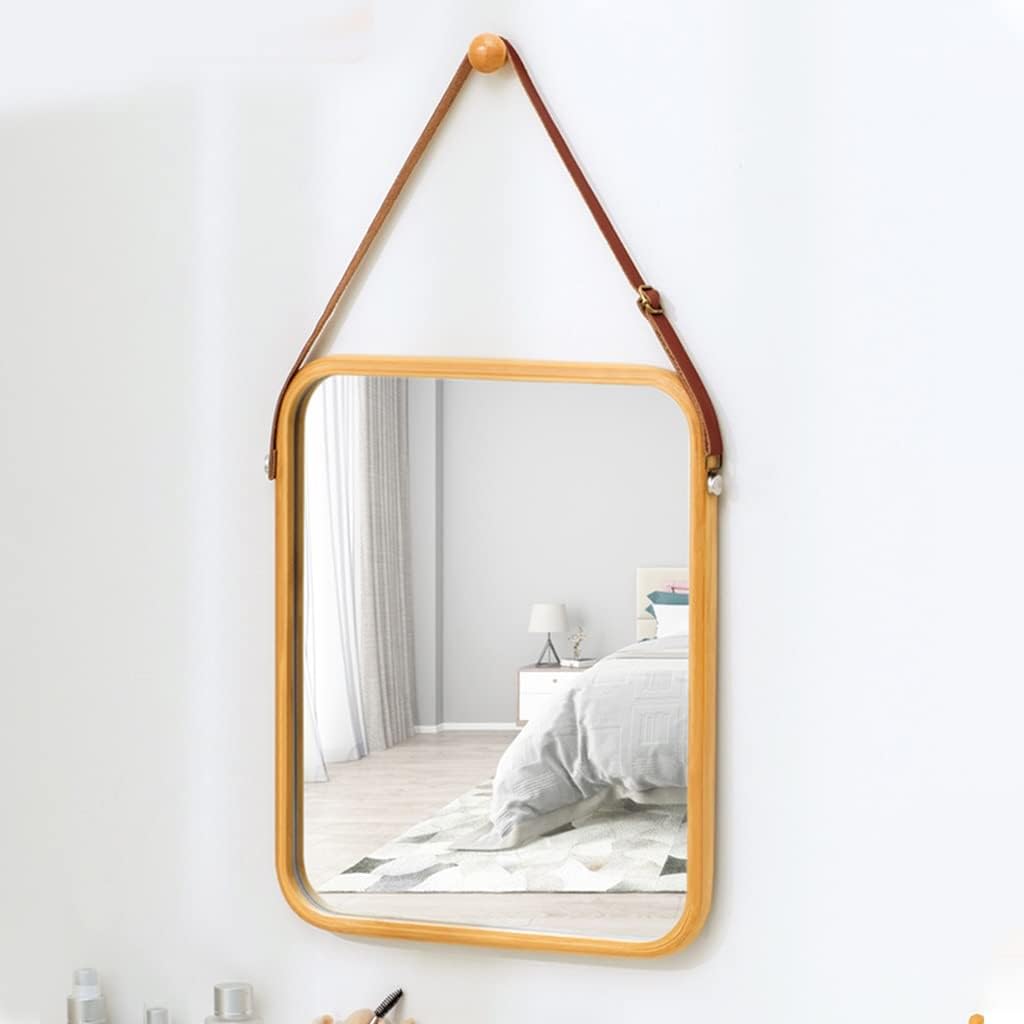 Hanging Wall Mirror 40x33 cm with Bamboo Frame and Adjustable Leather Strap - Natural - Home & Garden > Decor > Mirrors - Rivercity House & Home Co. (ABN 18 642 972 209) - Affordable Modern Furniture Australia