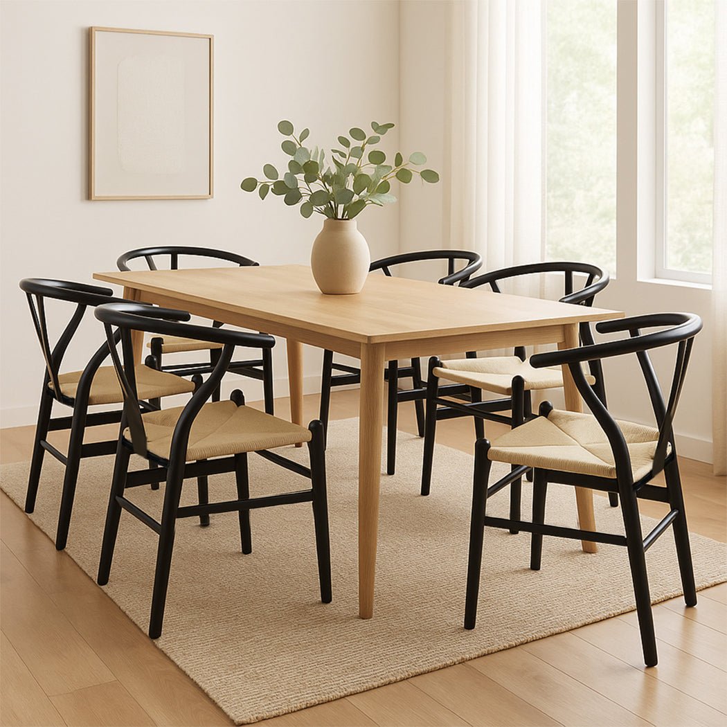 Hans Solid Wood Dining Chairs 6 - Pack with Rattan Seat - Black - Rivercity House & Home Co. (ABN 18 642 972 209) - Affordable Modern Furniture Australia