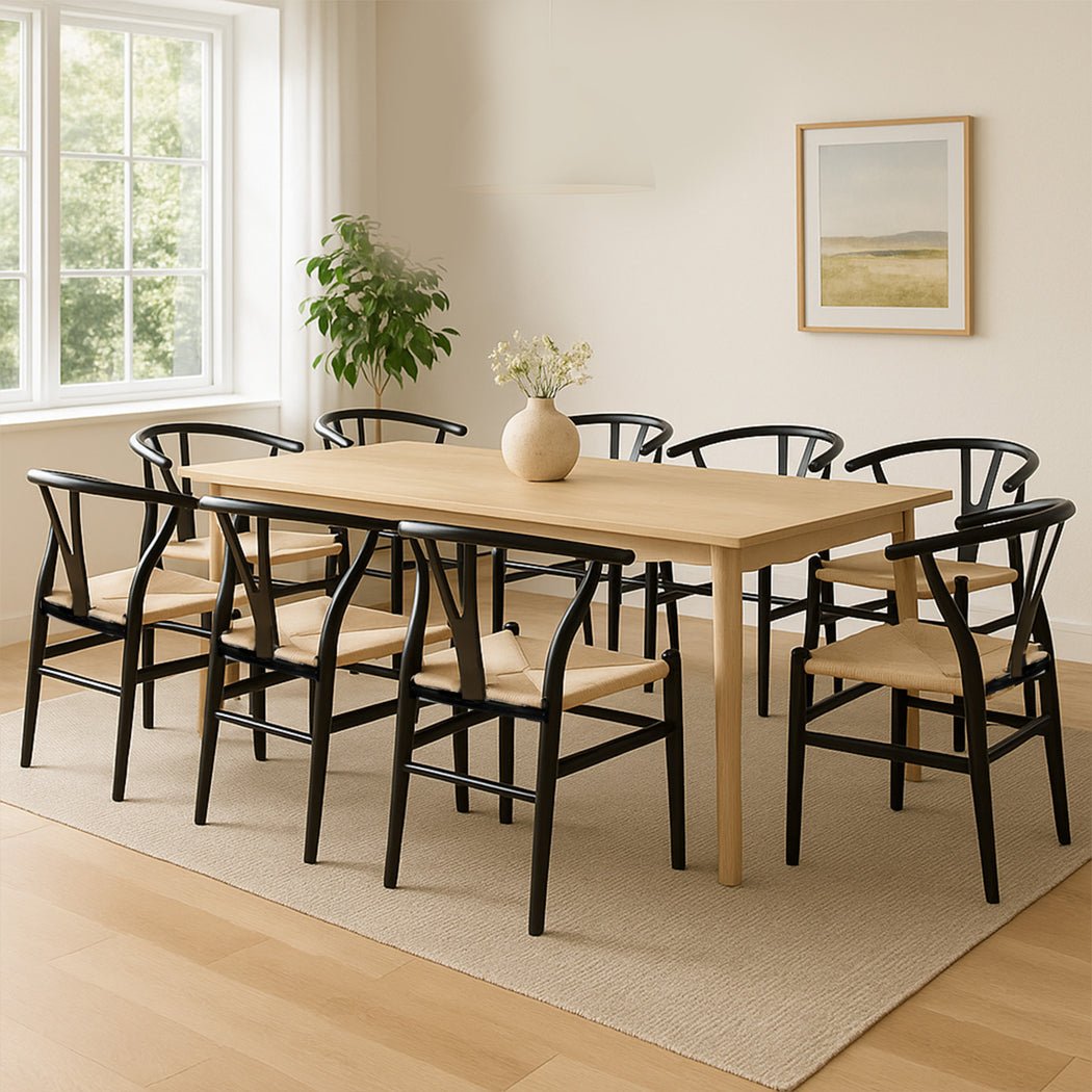 Hans Solid Wood Dining Chairs Set of 8 with Rattan Seat - Black - Rivercity House & Home Co. (ABN 18 642 972 209) - Affordable Modern Furniture Australia