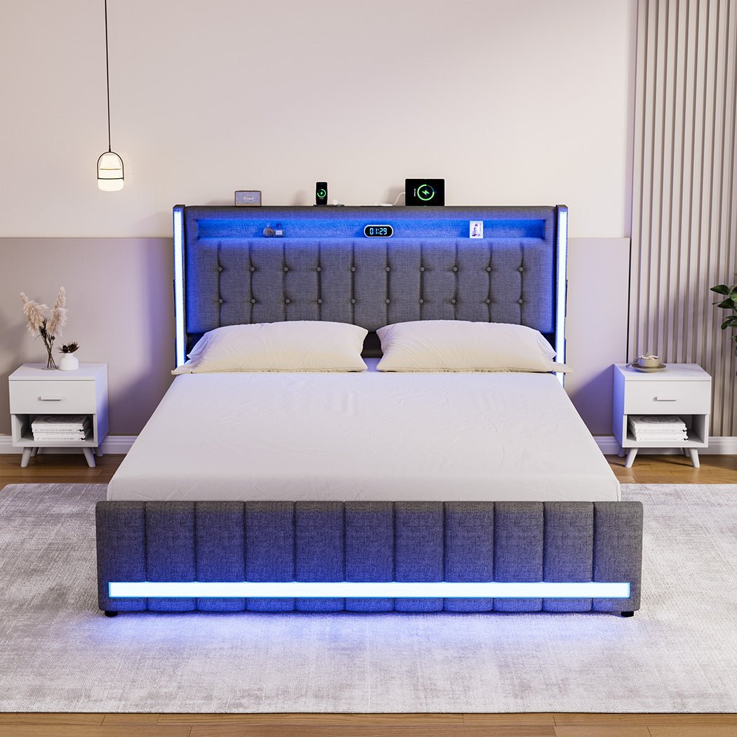 Harrison Double LED Smart Storage Bed – Grey - Rivercity House & Home Co. (ABN 18 642 972 209) - Affordable Modern Furniture Australia