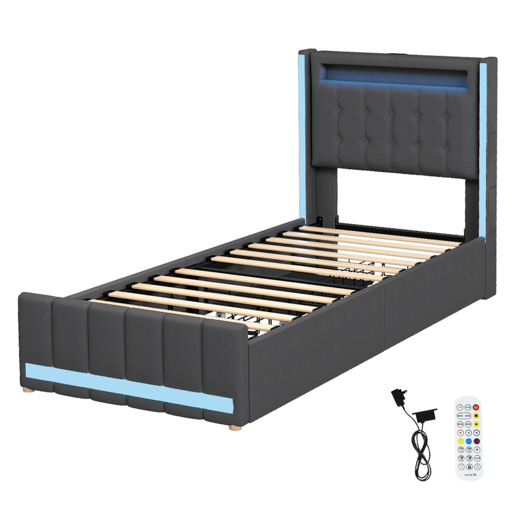 Harrison Single LED Smart Storage Bed – Grey - Rivercity House & Home Co. (ABN 18 642 972 209) - Affordable Modern Furniture Australia