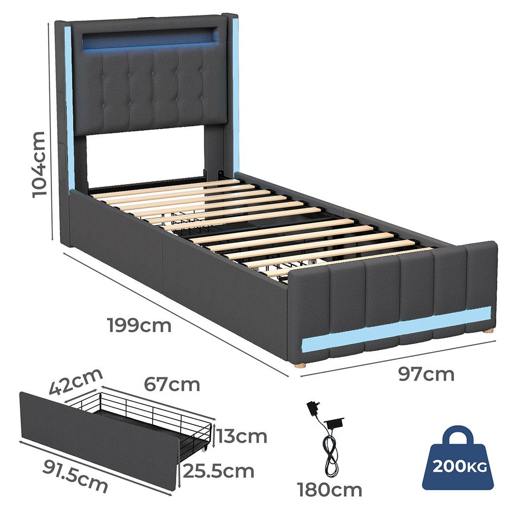 Harrison Single LED Smart Storage Bed – Grey - Rivercity House & Home Co. (ABN 18 642 972 209) - Affordable Modern Furniture Australia