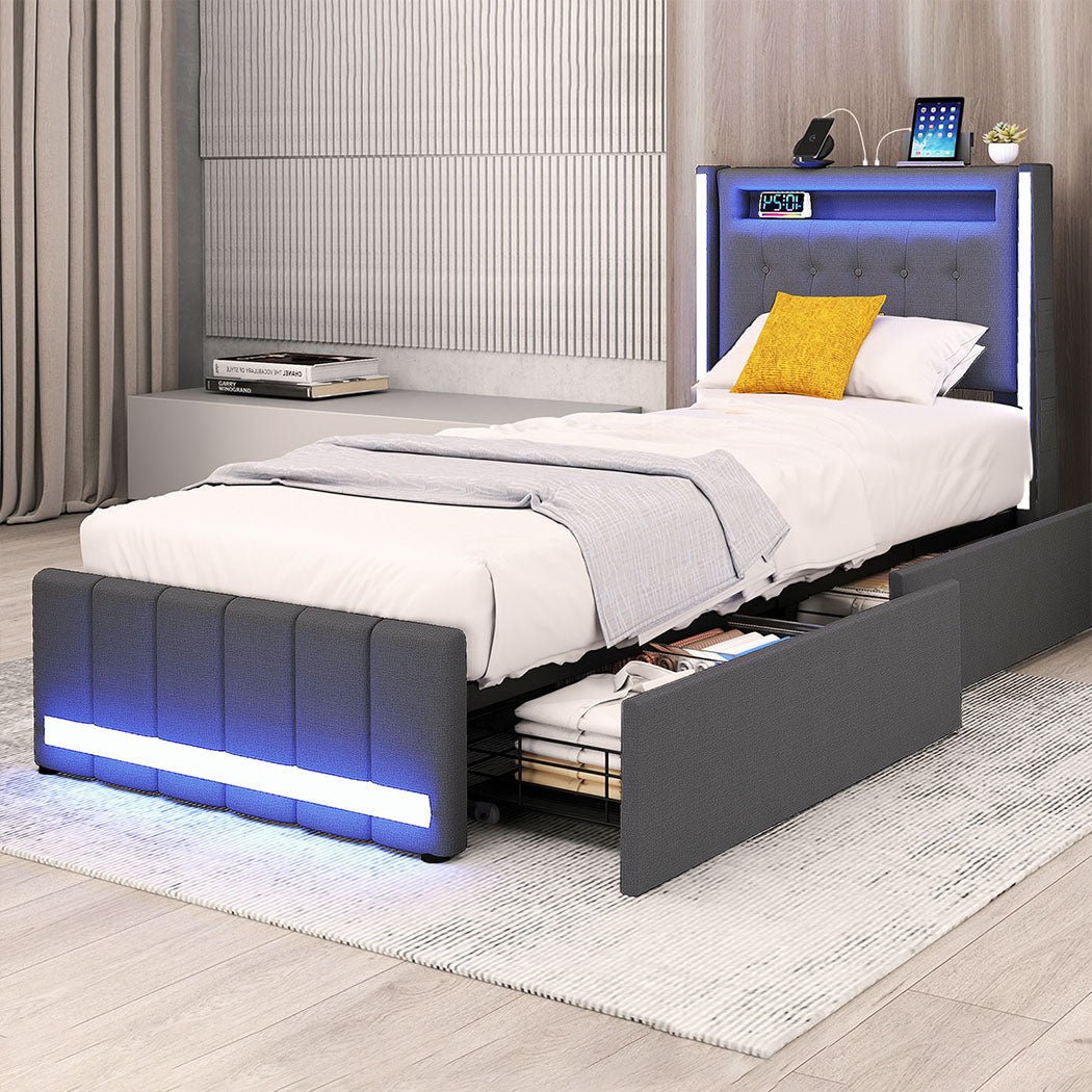 Harrison Single LED Smart Storage Bed – Grey - Rivercity House & Home Co. (ABN 18 642 972 209) - Affordable Modern Furniture Australia