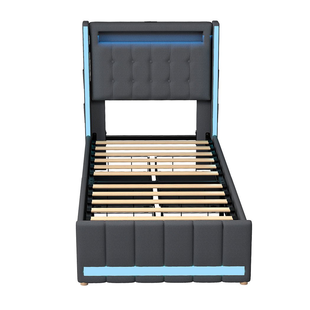 Harrison Single LED Smart Storage Bed – Grey - Rivercity House & Home Co. (ABN 18 642 972 209) - Affordable Modern Furniture Australia