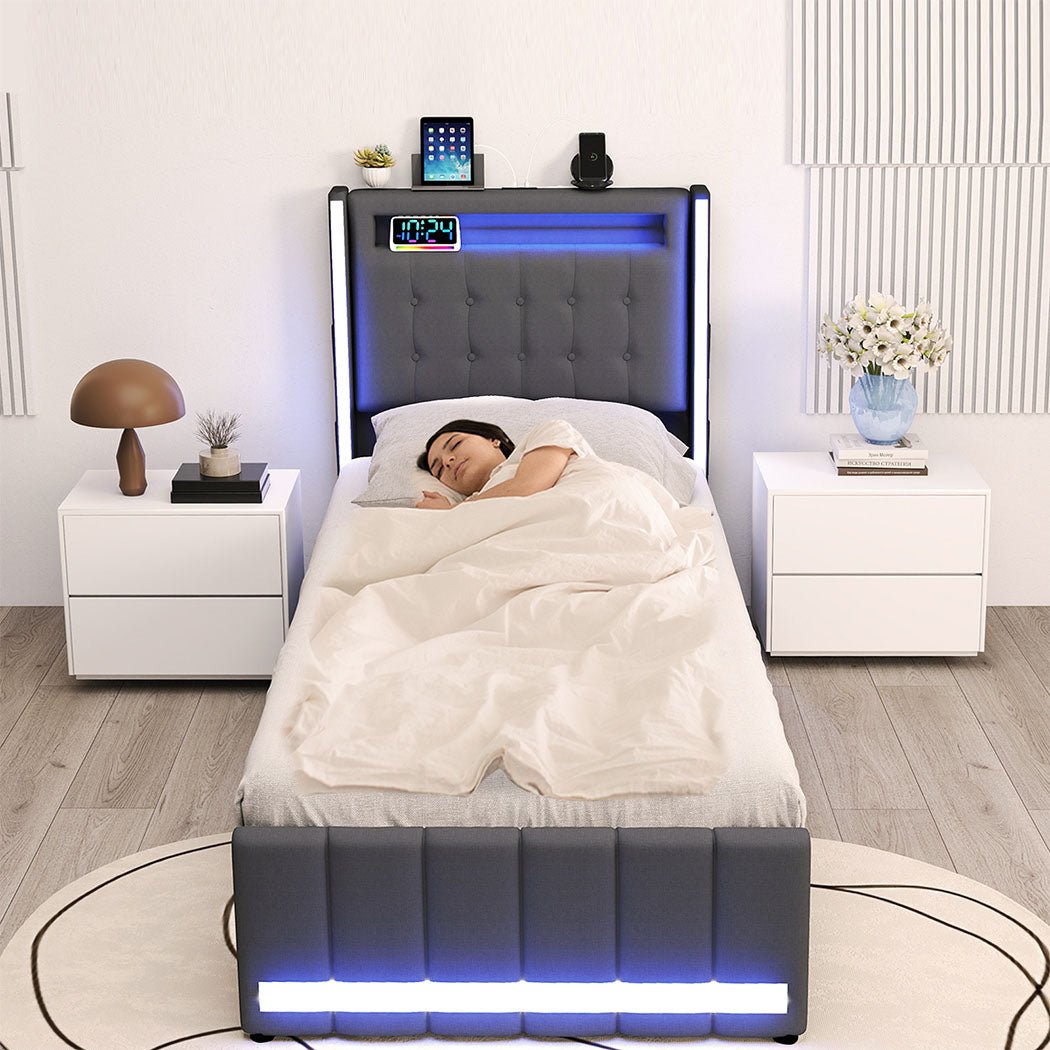 Harrison Single LED Smart Storage Bed – Grey - Rivercity House & Home Co. (ABN 18 642 972 209) - Affordable Modern Furniture Australia