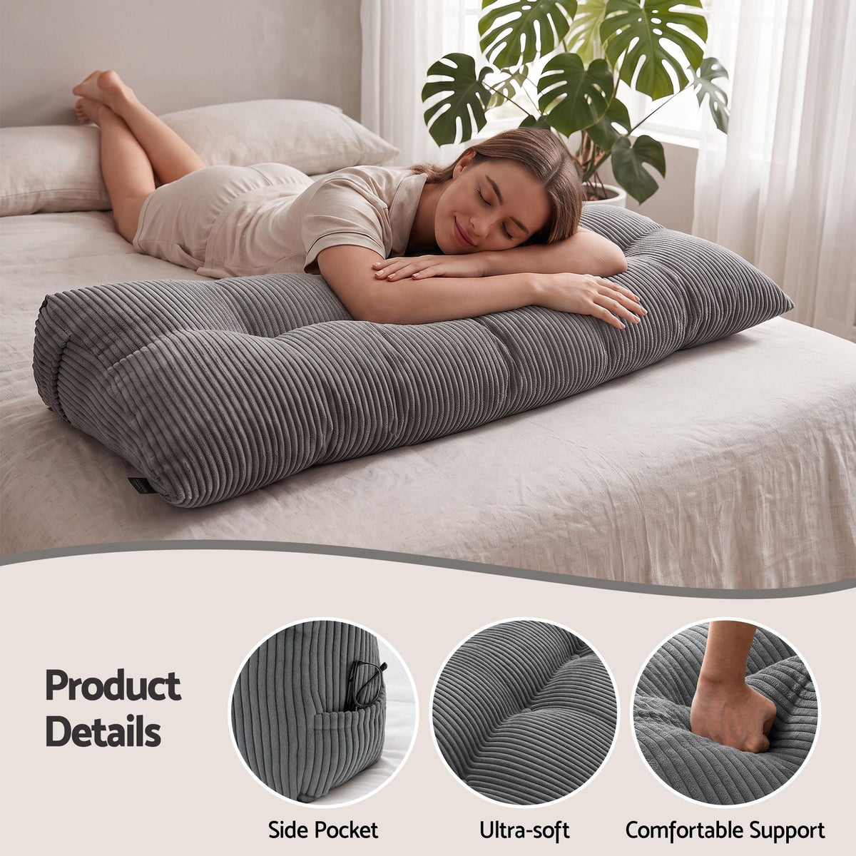 Headboard Pillow for Sitting in Bed Double with Shredded Foam Lumbar Support and Corduroy Cover with Side Pockets - Home & Garden > Bedding > Pillows - Rivercity House & Home Co. (ABN 18 642 972 209) - Affordable Modern Furniture Australia