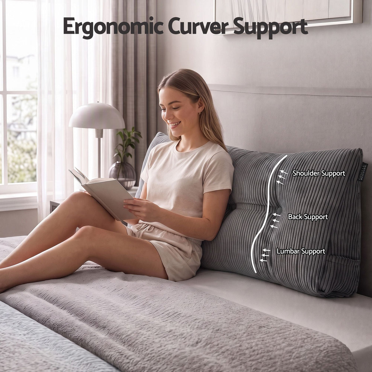 Headboard Pillow for Sitting in Bed Double with Shredded Foam Lumbar Support and Corduroy Cover with Side Pockets - Home & Garden > Bedding > Pillows - Rivercity House & Home Co. (ABN 18 642 972 209) - Affordable Modern Furniture Australia