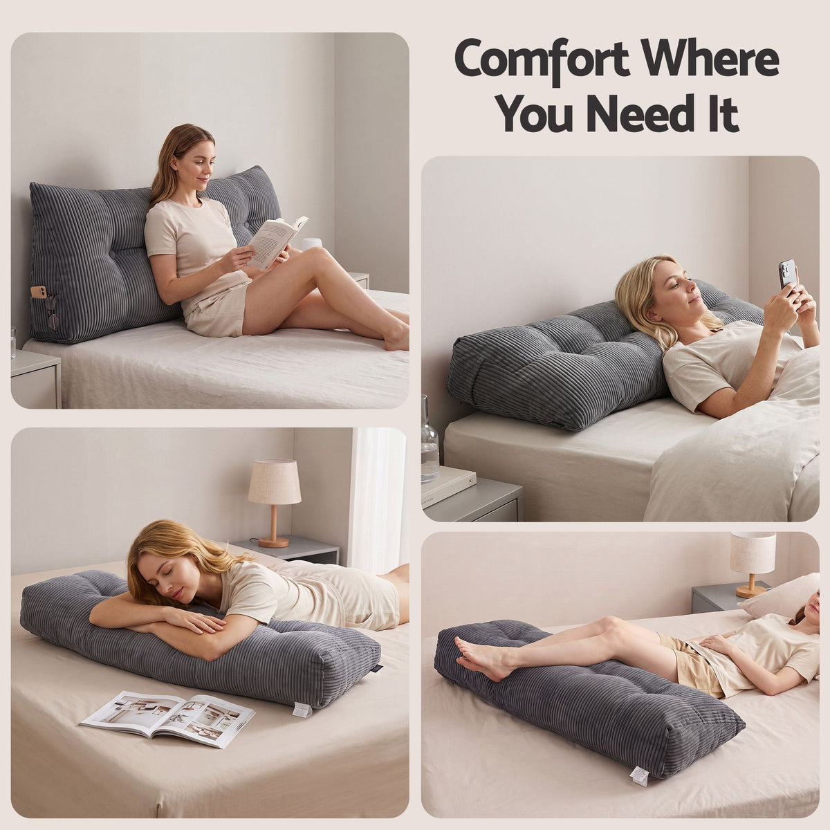 Headboard Pillow for Sitting in Bed Double with Shredded Foam Lumbar Support and Corduroy Cover with Side Pockets - Home & Garden > Bedding > Pillows - Rivercity House & Home Co. (ABN 18 642 972 209) - Affordable Modern Furniture Australia