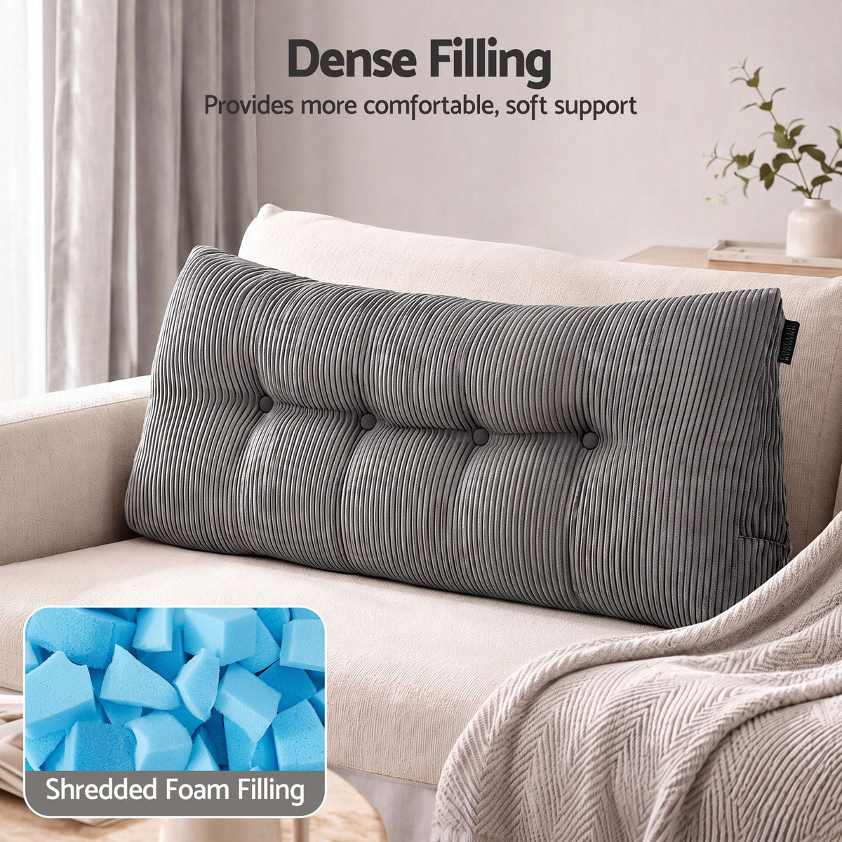 Headboard Pillow for Sitting in Bed Double with Shredded Foam Lumbar Support and Corduroy Cover with Side Pockets - Home & Garden > Bedding > Pillows - Rivercity House & Home Co. (ABN 18 642 972 209) - Affordable Modern Furniture Australia