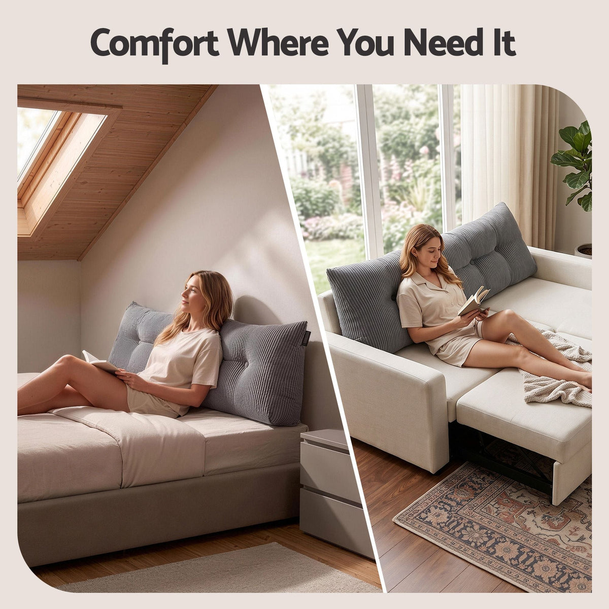 Headboard Pillow for Sitting in Bed Double with Shredded Foam Lumbar Support and Corduroy Cover with Side Pockets - Home & Garden > Bedding > Pillows - Rivercity House & Home Co. (ABN 18 642 972 209) - Affordable Modern Furniture Australia