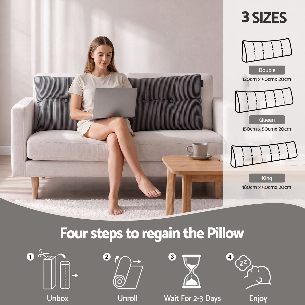 Headboard Pillow for Sitting in Bed Double with Shredded Foam Lumbar Support and Corduroy Cover with Side Pockets - Home & Garden > Bedding > Pillows - Rivercity House & Home Co. (ABN 18 642 972 209) - Affordable Modern Furniture Australia