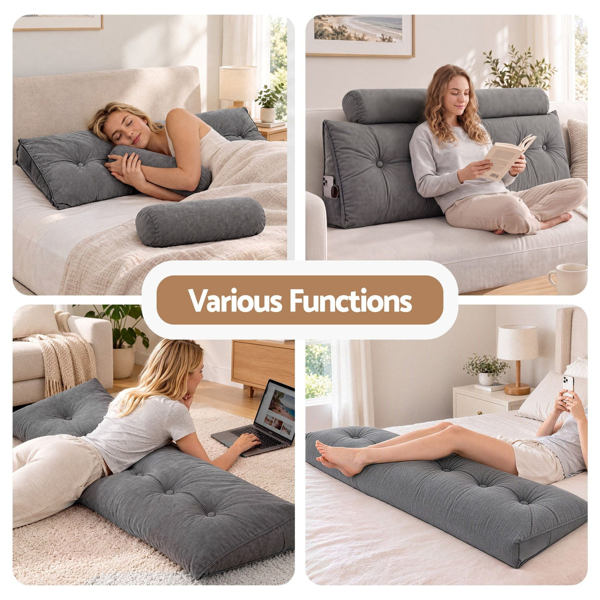 Headboard Pillow Queen Wedge Backrest Triangular with 2 Cushions - Grey - Furniture > Bedroom > Headboards - Rivercity House & Home Co. (ABN 18 642 972 209) - Affordable Modern Furniture Australia