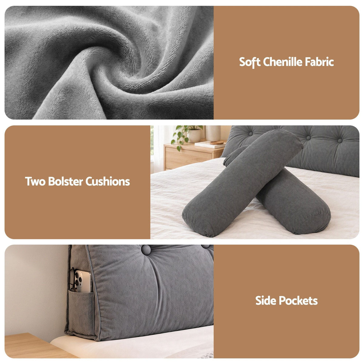 Headboard Pillow Queen Wedge Backrest Triangular with 2 Cushions - Grey - Furniture > Bedroom > Headboards - Rivercity House & Home Co. (ABN 18 642 972 209) - Affordable Modern Furniture Australia