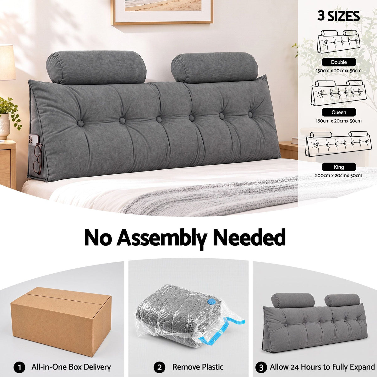 Headboard Pillow Queen Wedge Backrest Triangular with 2 Cushions - Grey - Furniture > Bedroom > Headboards - Rivercity House & Home Co. (ABN 18 642 972 209) - Affordable Modern Furniture Australia