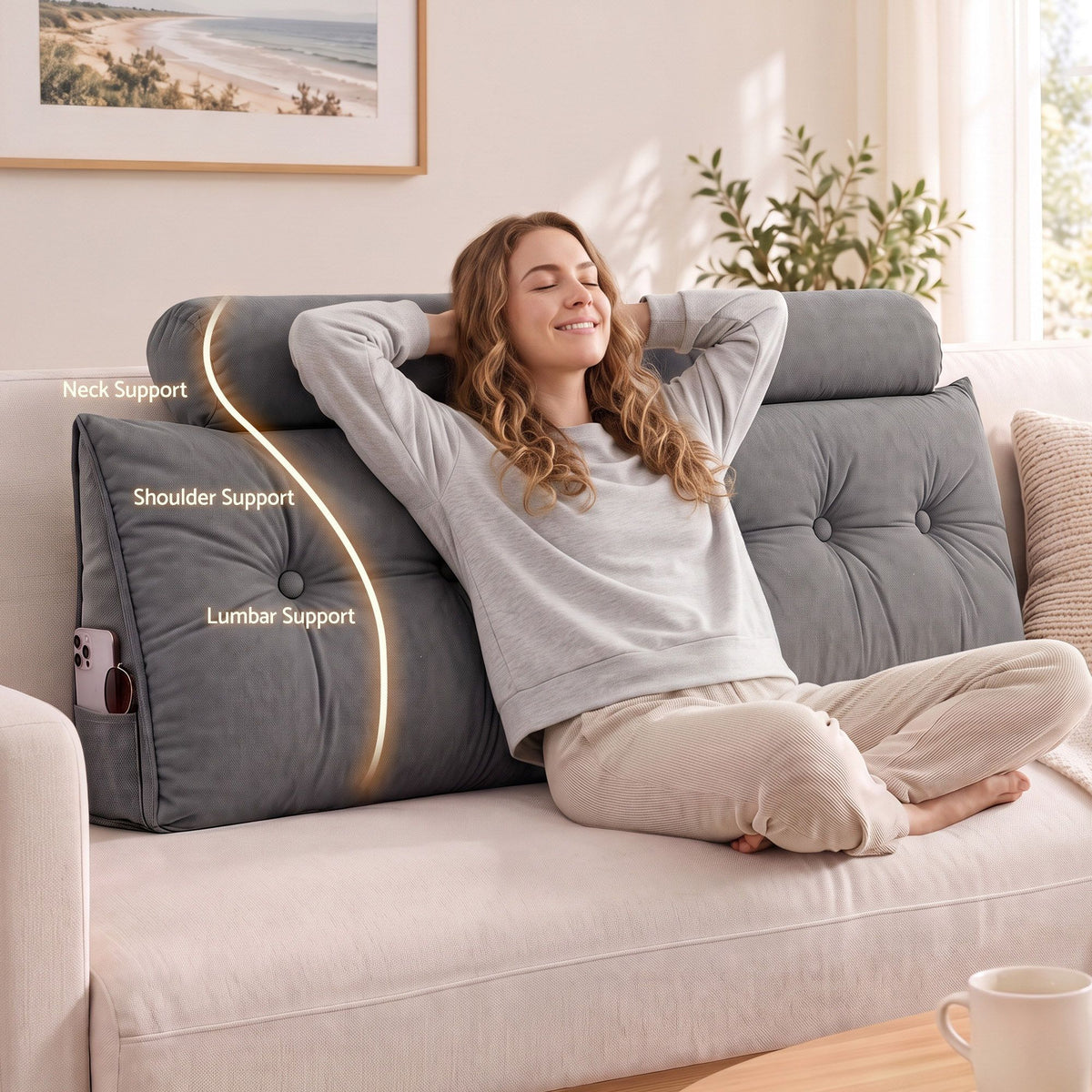 Headboard Pillow Queen Wedge Backrest Triangular with 2 Cushions - Grey - Furniture > Bedroom > Headboards - Rivercity House & Home Co. (ABN 18 642 972 209) - Affordable Modern Furniture Australia