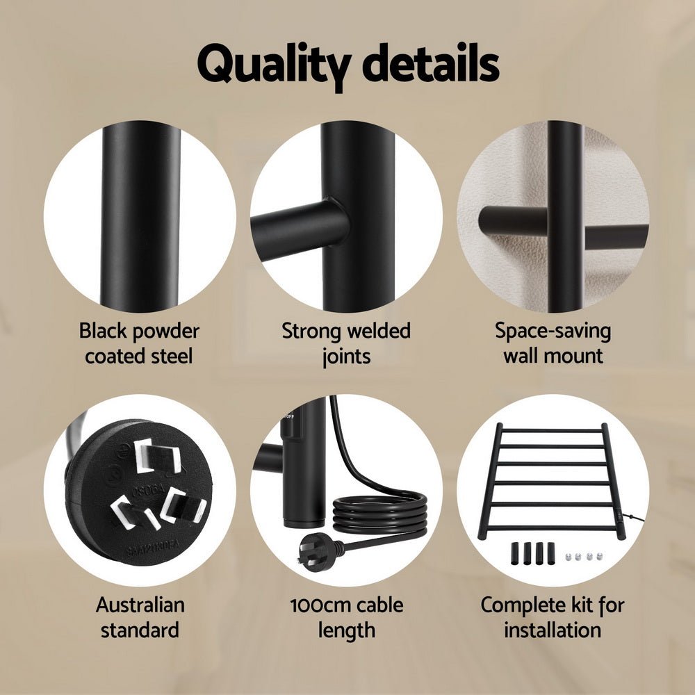 Heated Towel Rail 6 Round Bars with Timer Electric Heater Warmer Rack - Home & Garden > Bathroom Accessories > Towel Racks & Holders - Rivercity House & Home Co. (ABN 18 642 972 209) - Affordable Modern Furniture Australia