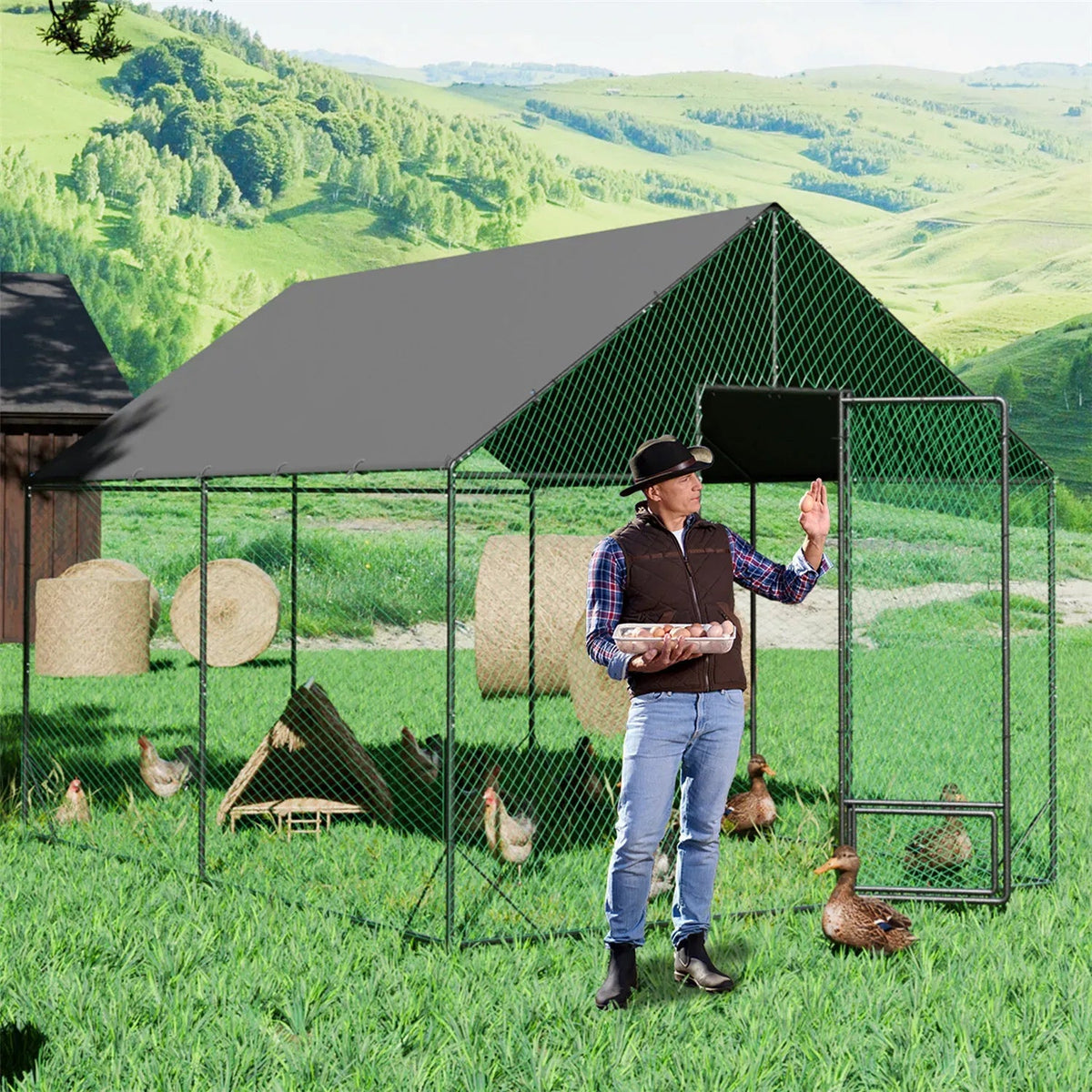 Heavy Duty XL Metal Walk-In Chicken Run with Cover, 276x405x300cm, Black - Furniture > Outdoor > Outdoor Furniture Accessories - Rivercity House & Home Co. (ABN 18 642 972 209) - Affordable Modern Furniture Australia