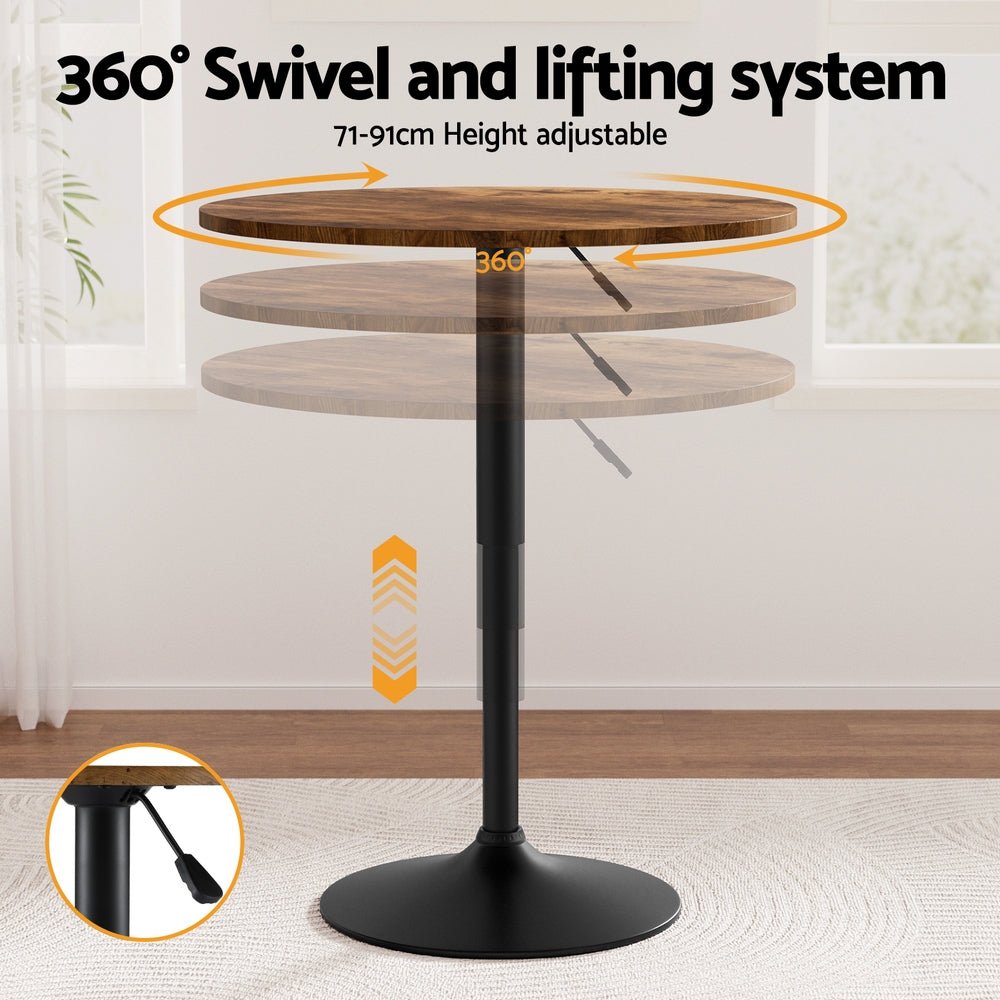 Height Adjustable Bar Table 360 Swivel Round Gaslift Design 60cm Rustic Brown Black - Furniture > Bar Stools & Chairs > Table & Bar Stools - Rivercity House & Home Co. (ABN 18 642 972 209) - Affordable Modern Furniture Australia