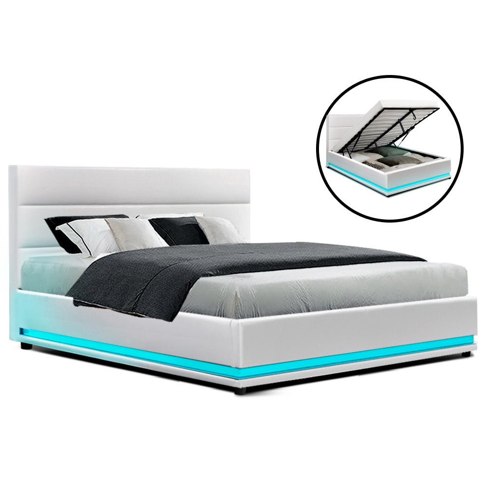 Henley LED Storage Double Bed Frame White - Rivercity House & Home Co. (ABN 18 642 972 209) - Affordable Modern Furniture Australia