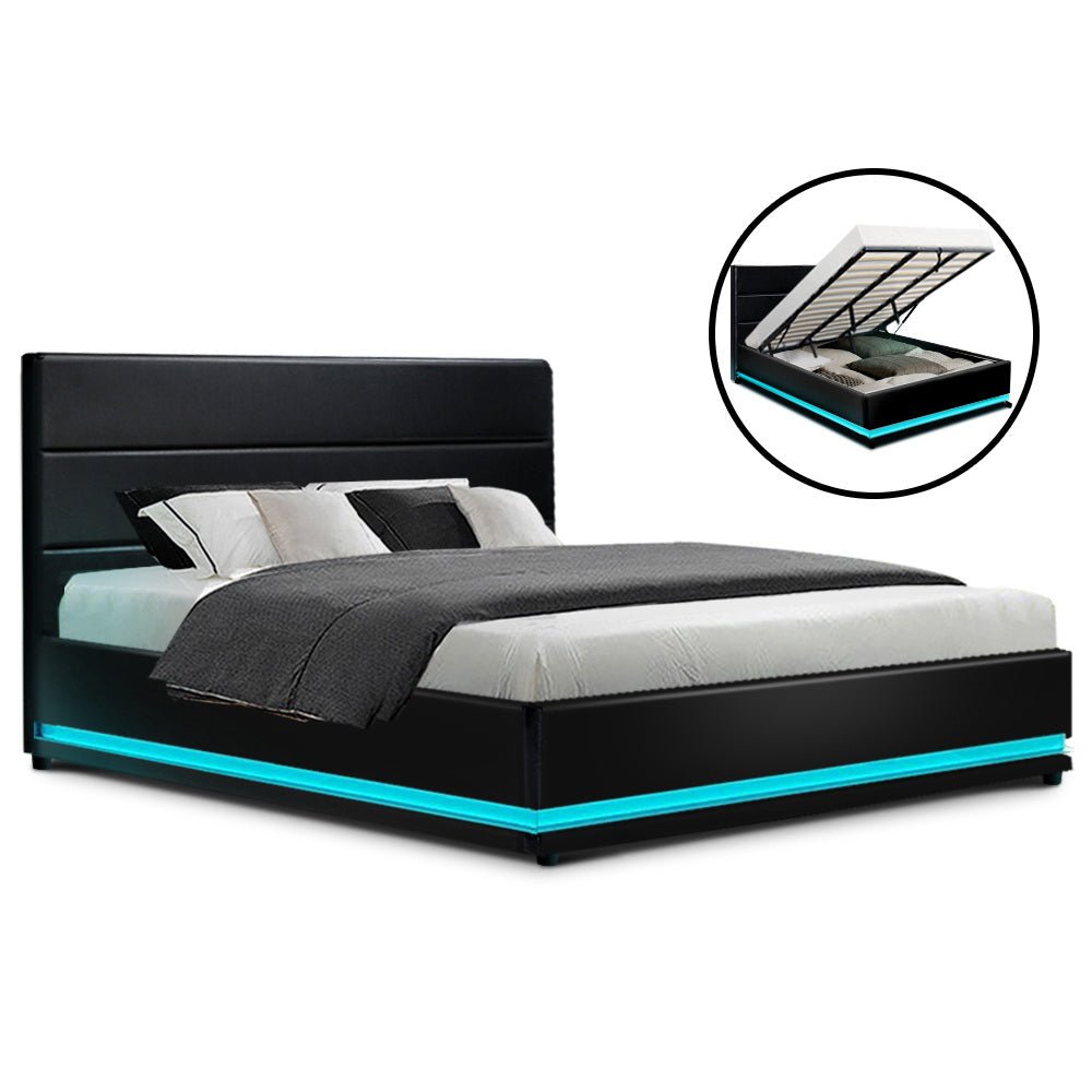 Henley LED Storage King Bed Frame Black - Rivercity House & Home Co. (ABN 18 642 972 209) - Affordable Modern Furniture Australia