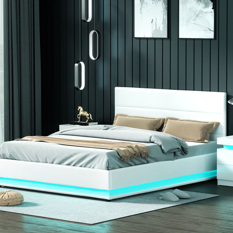 Henley LED Storage Queen Bed Frame White - Rivercity House & Home Co. (ABN 18 642 972 209) - Affordable Modern Furniture Australia