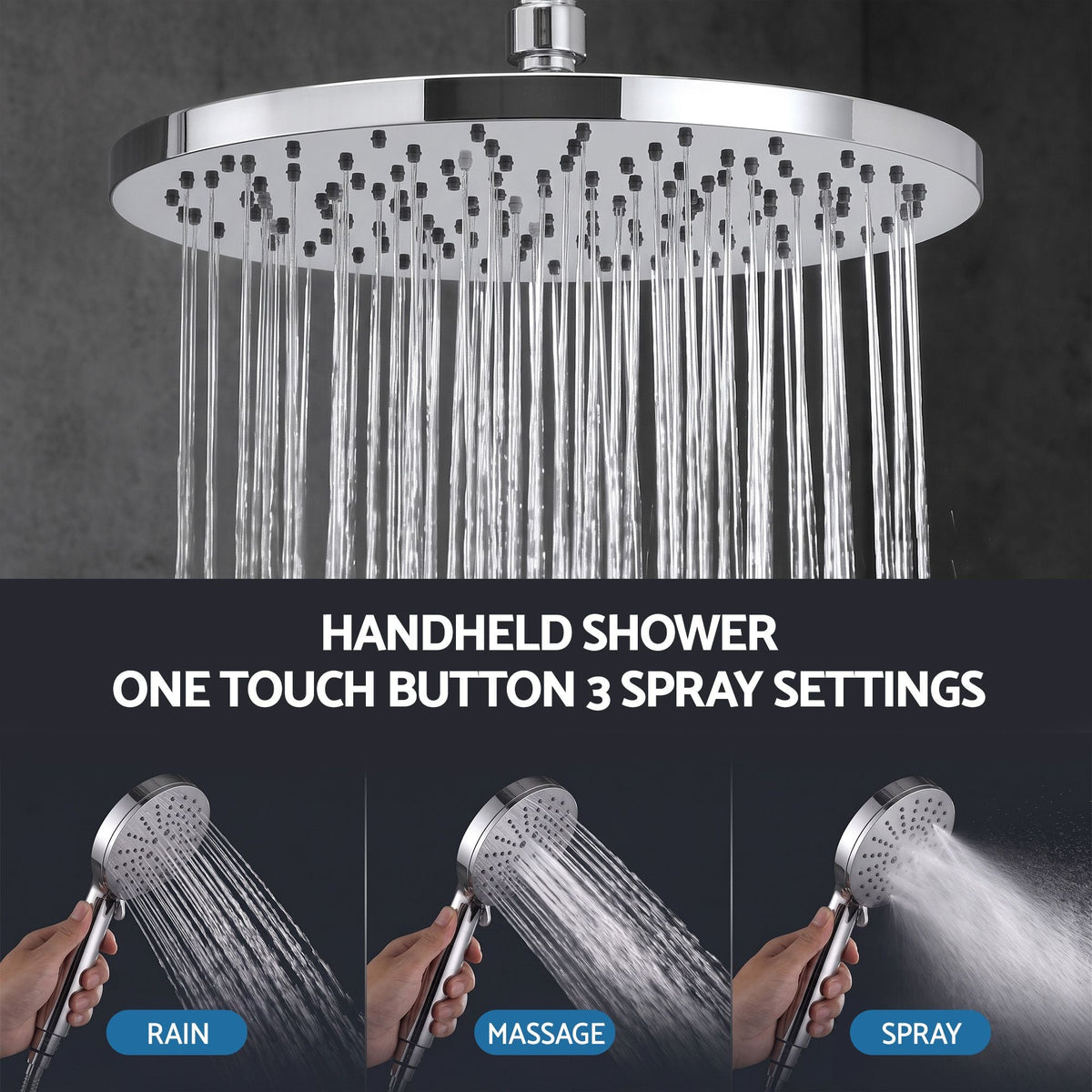 High-Pressure 10 Inch Rain & 3-Function Shower Head Combo with 1.5m Anti-Burst Hose & 304 Stainless Steel Rail - Furniture > Bathroom > Shower Heads & Screens - Rivercity House & Home Co. (ABN 18 642 972 209) - Affordable Modern Furniture Australia