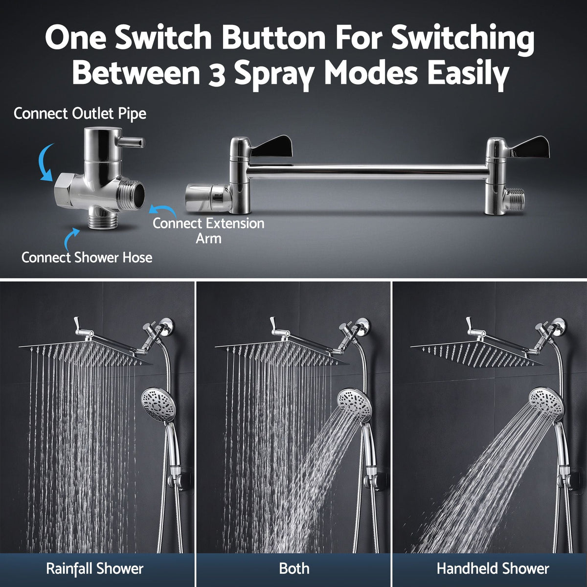 High-Pressure 12" Rainfall Shower Head with 9-Setting Handheld Wand, Gear-Lock Anti-Sag Arm & Drill-Free Bracket - Furniture > Bathroom > Shower Heads & Screens - Rivercity House & Home Co. (ABN 18 642 972 209) - Affordable Modern Furniture Australia