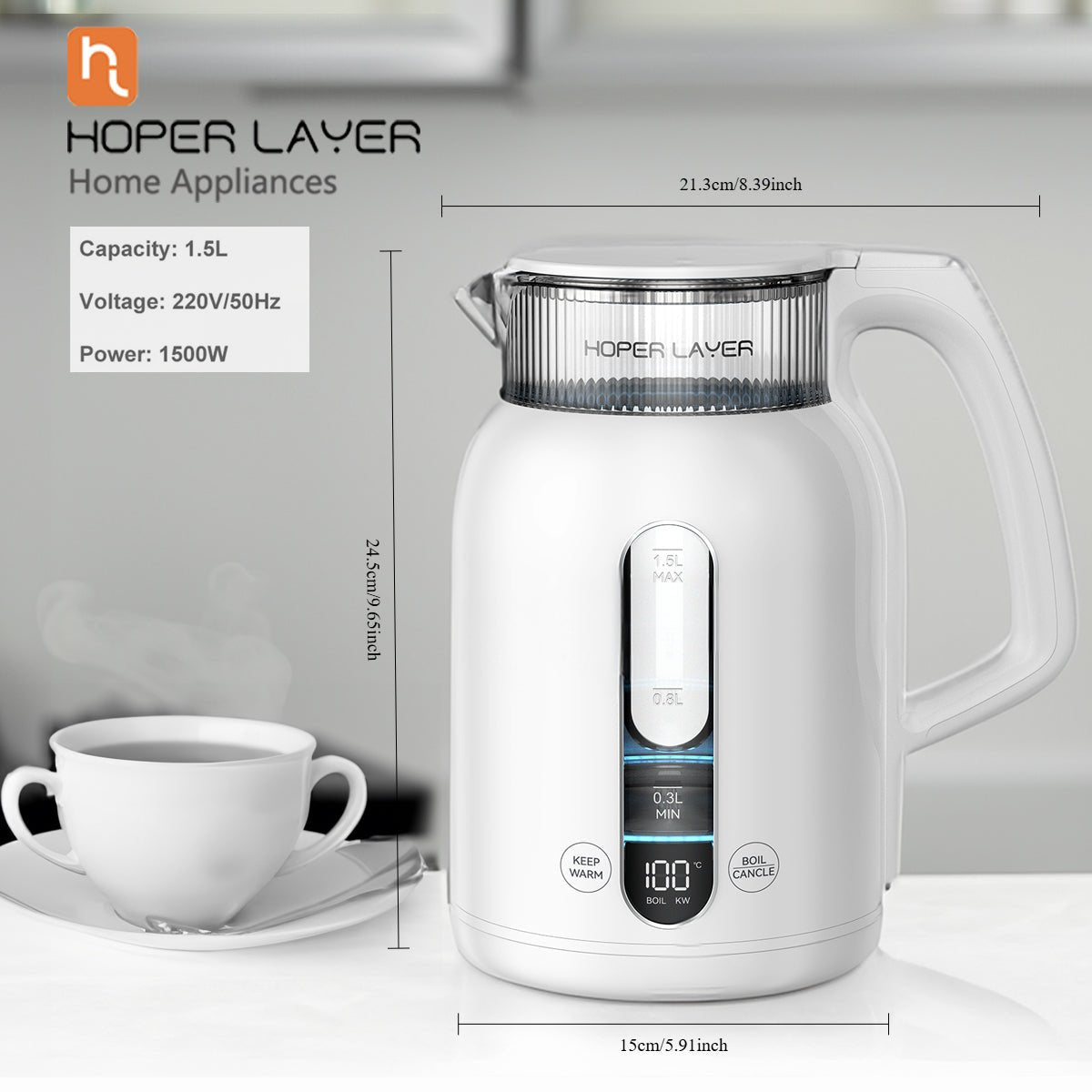 Hoper Layer Insulation Electric Kettle 1.5L 1500W Water Boiler K15 - G1 - Appliances > Kitchen Appliances > Kettles - Rivercity House & Home Co. (ABN 18 642 972 209) - Affordable Modern Furniture Australia