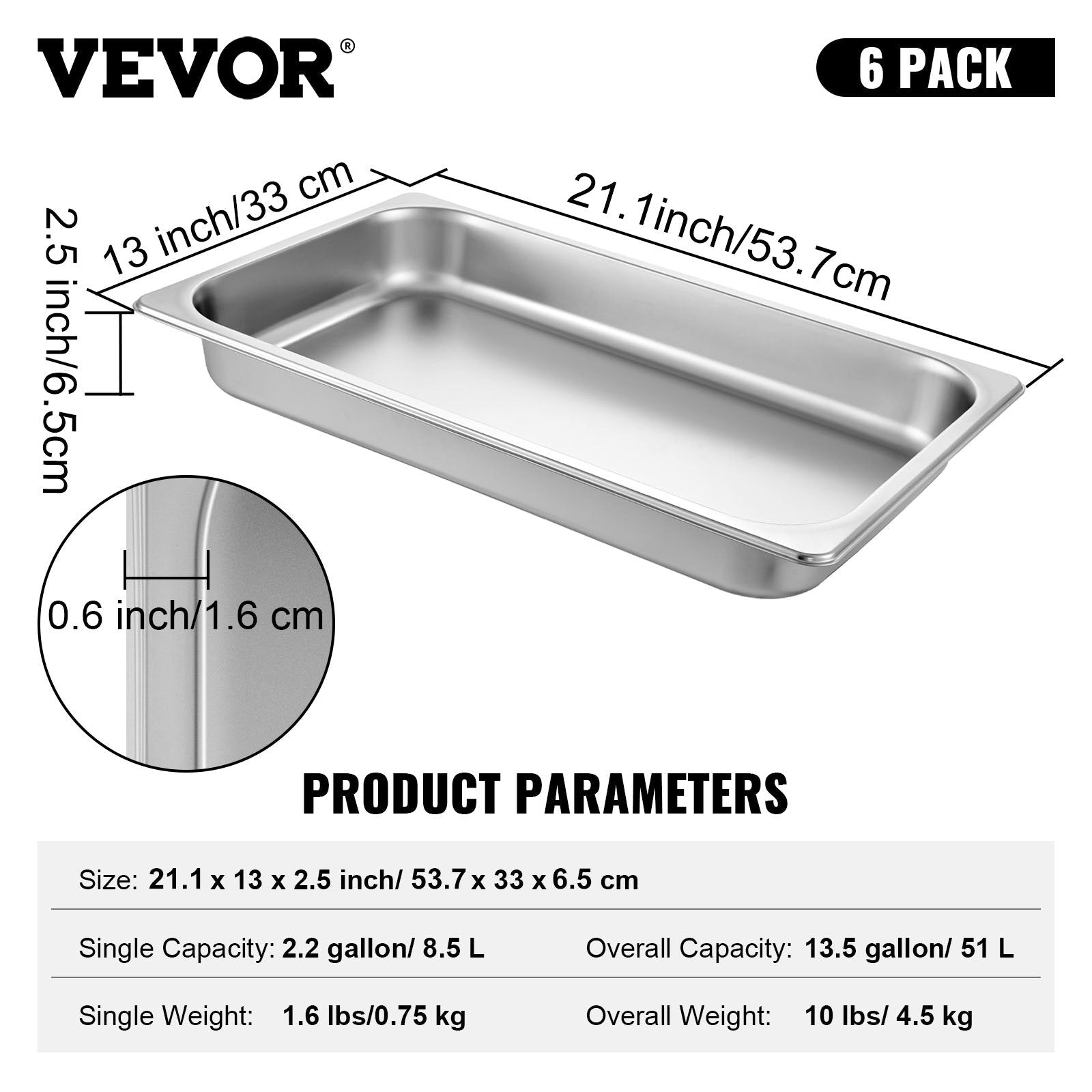 Hotel Pans Full Size 2.5 Inch Deep, Steam Table Pan 6 Pack , 22 Gauge/0.8mm Thick Stainless Steel Hotel Pan Anti Jam Steam Table Pan - Appliances > Kitchen Appliances > Food Warmers & Chafing Dishes - Rivercity House & Home Co. (ABN 18 642 972 209) - Affordable Modern Furniture Australia