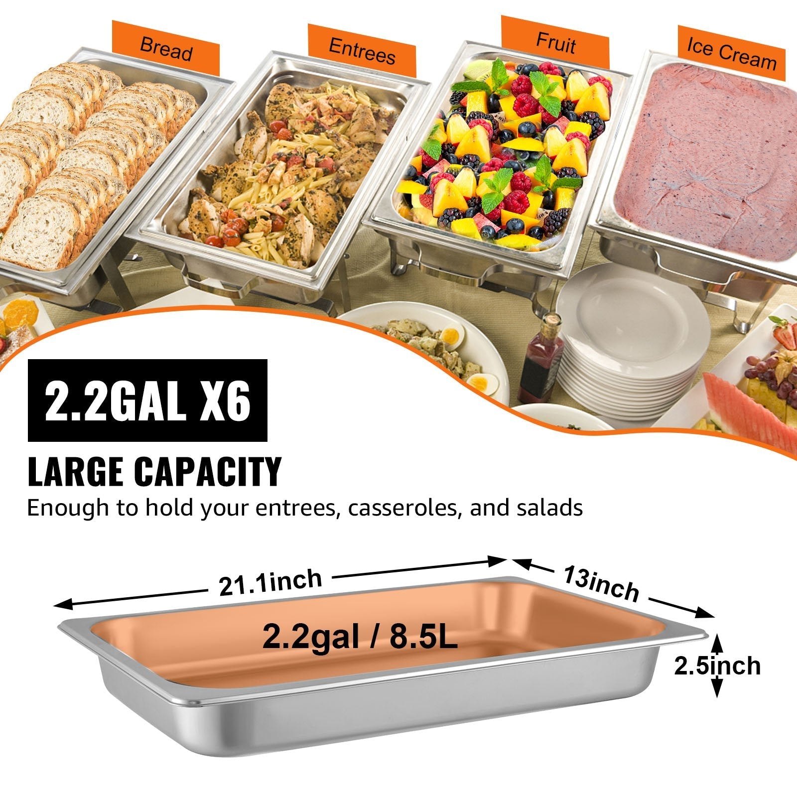 Hotel Pans Full Size 2.5 Inch Deep, Steam Table Pan 6 Pack , 22 Gauge/0.8mm Thick Stainless Steel Hotel Pan Anti Jam Steam Table Pan - Appliances > Kitchen Appliances > Food Warmers & Chafing Dishes - Rivercity House & Home Co. (ABN 18 642 972 209) - Affordable Modern Furniture Australia