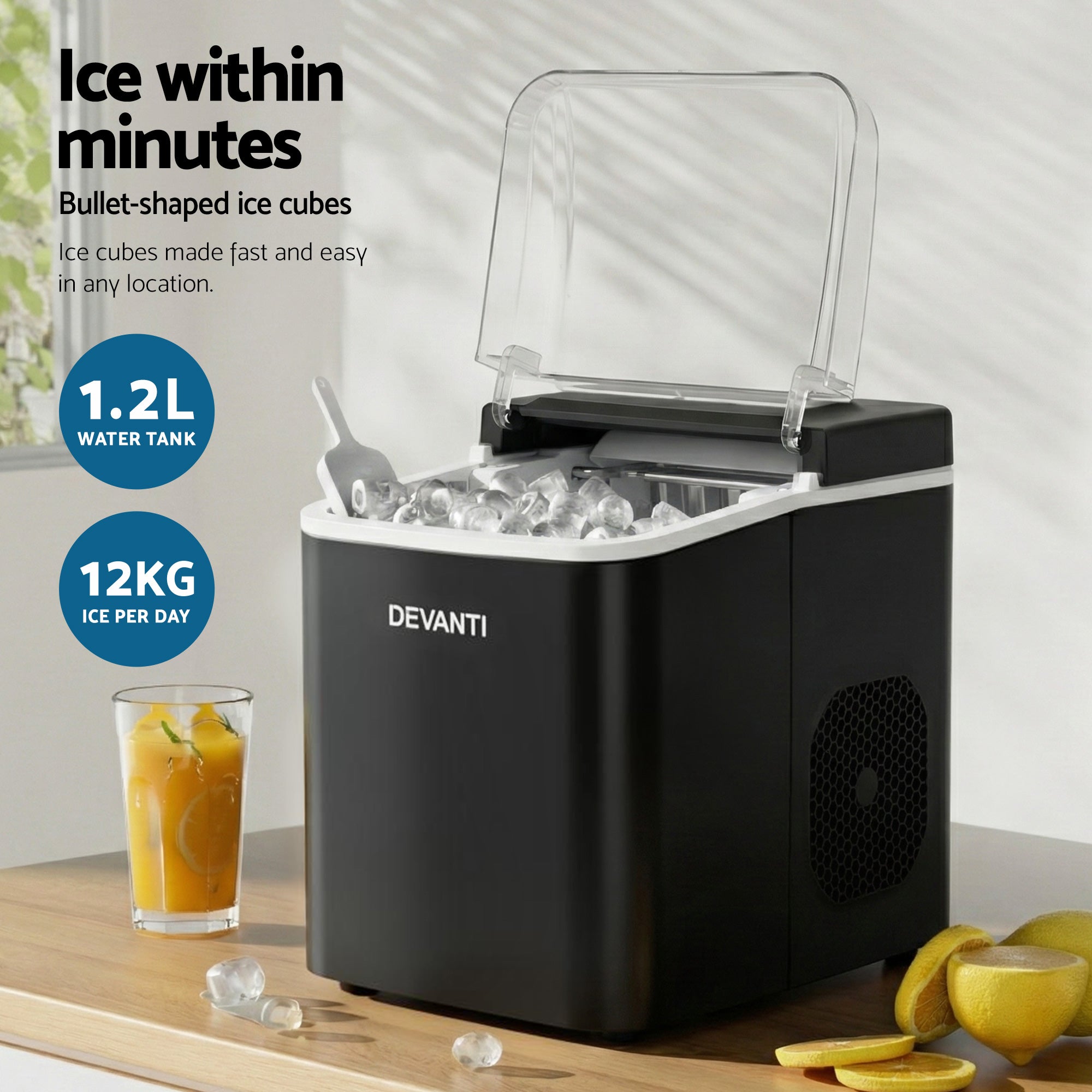Ice Maker Machine Portable 12kg Countertop w/Self Cleaning 1.2L Black - Appliances > Kitchen Appliances > Ice Makers - Rivercity House & Home Co. (ABN 18 642 972 209) - Affordable Modern Furniture Australia