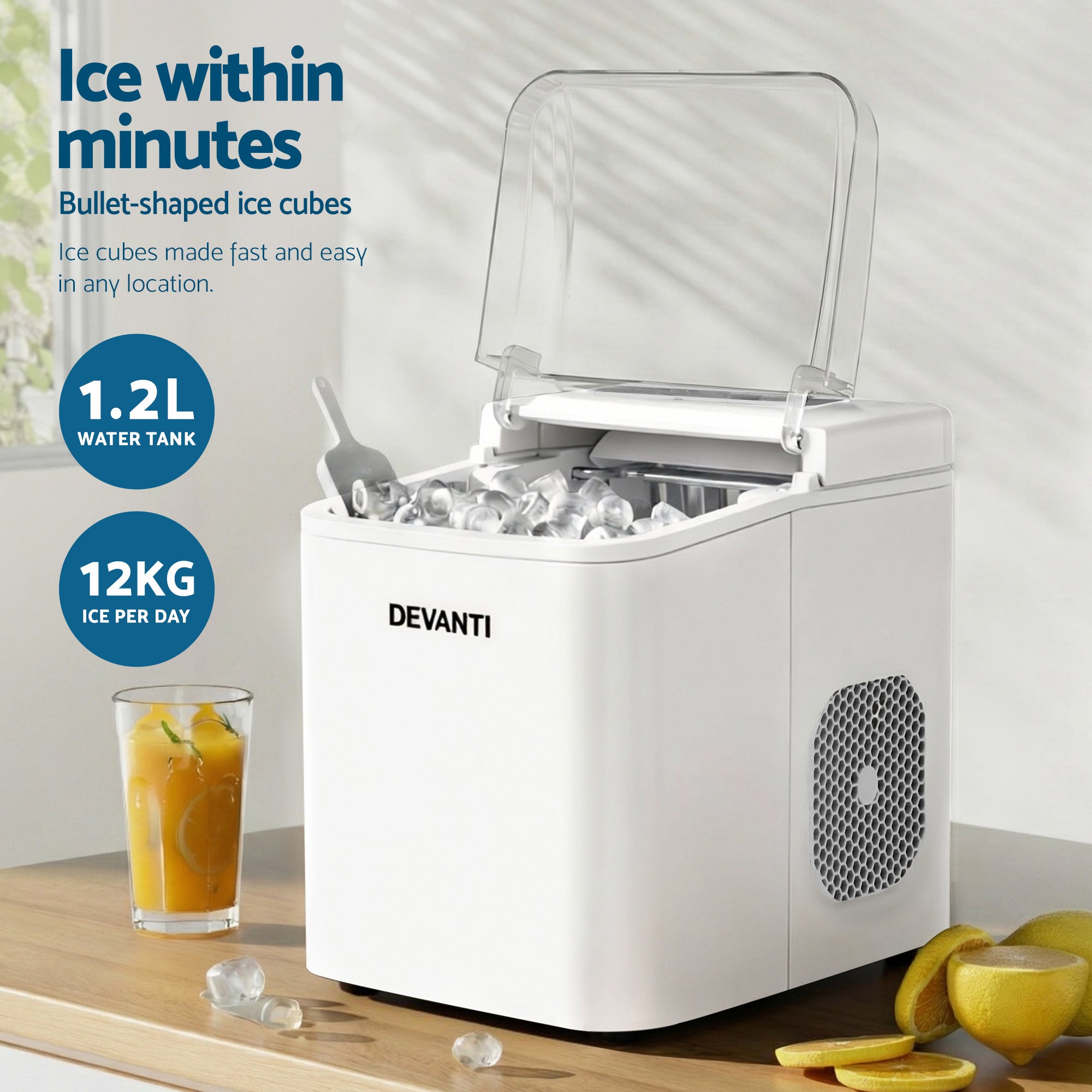 Ice Maker Machine Portable 12kg Countertop w/Self Cleaning 1.2L White - Appliances > Kitchen Appliances > Ice Makers - Rivercity House & Home Co. (ABN 18 642 972 209) - Affordable Modern Furniture Australia