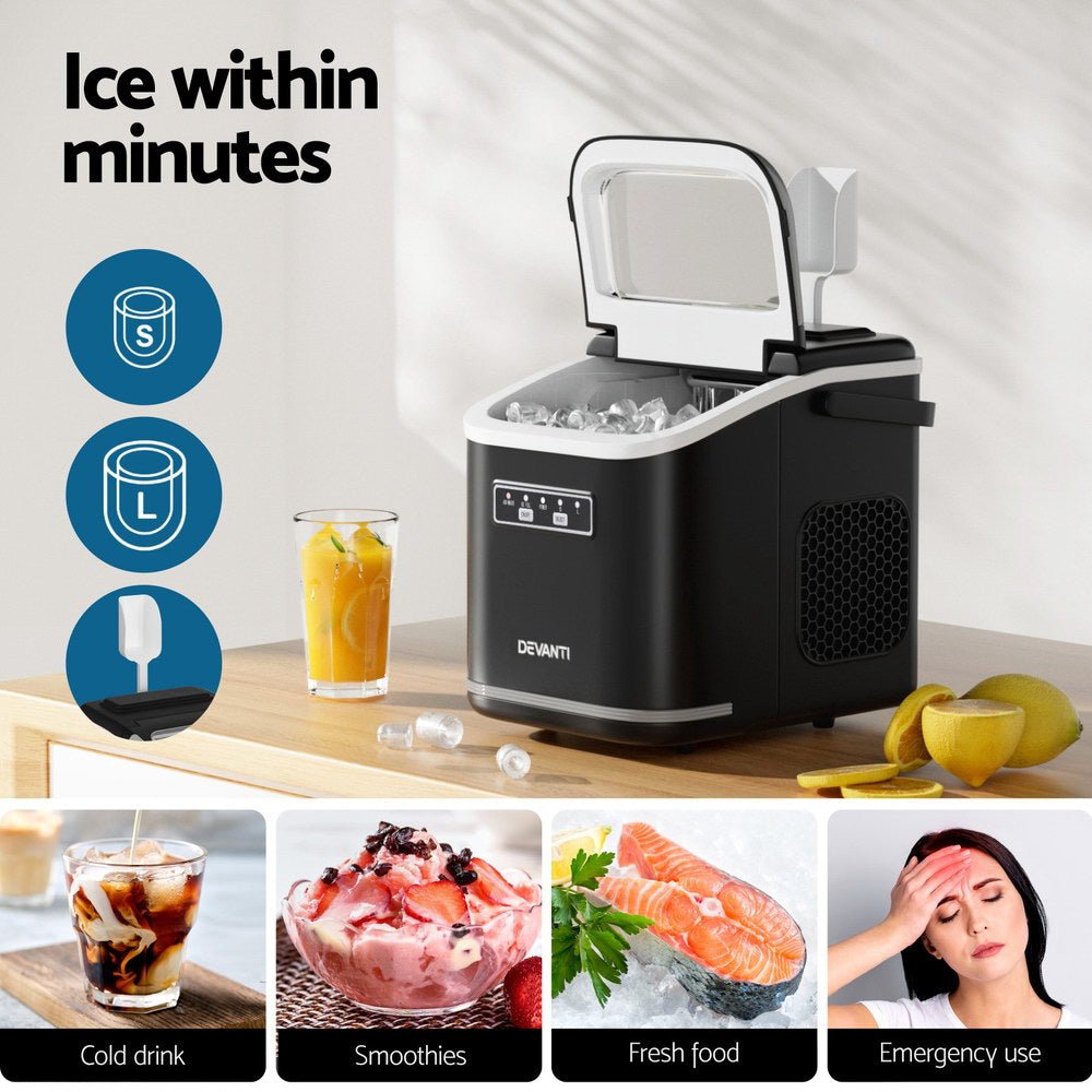 Ice Maker Machine Portable 12kg Countertop w/Self Cleaning 1.3L Black - Appliances > Kitchen Appliances > Ice Makers - Rivercity House & Home Co. (ABN 18 642 972 209) - Affordable Modern Furniture Australia
