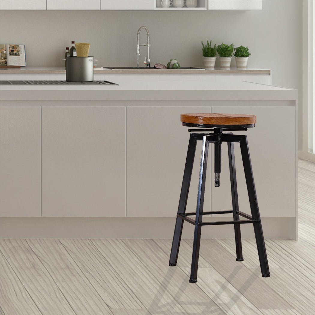 Industrial Adjustable Height Bar Stool with Wooden Seat - Metallic Finish - Rivercity House & Home Co. (ABN 18 642 972 209) - Affordable Modern Furniture Australia