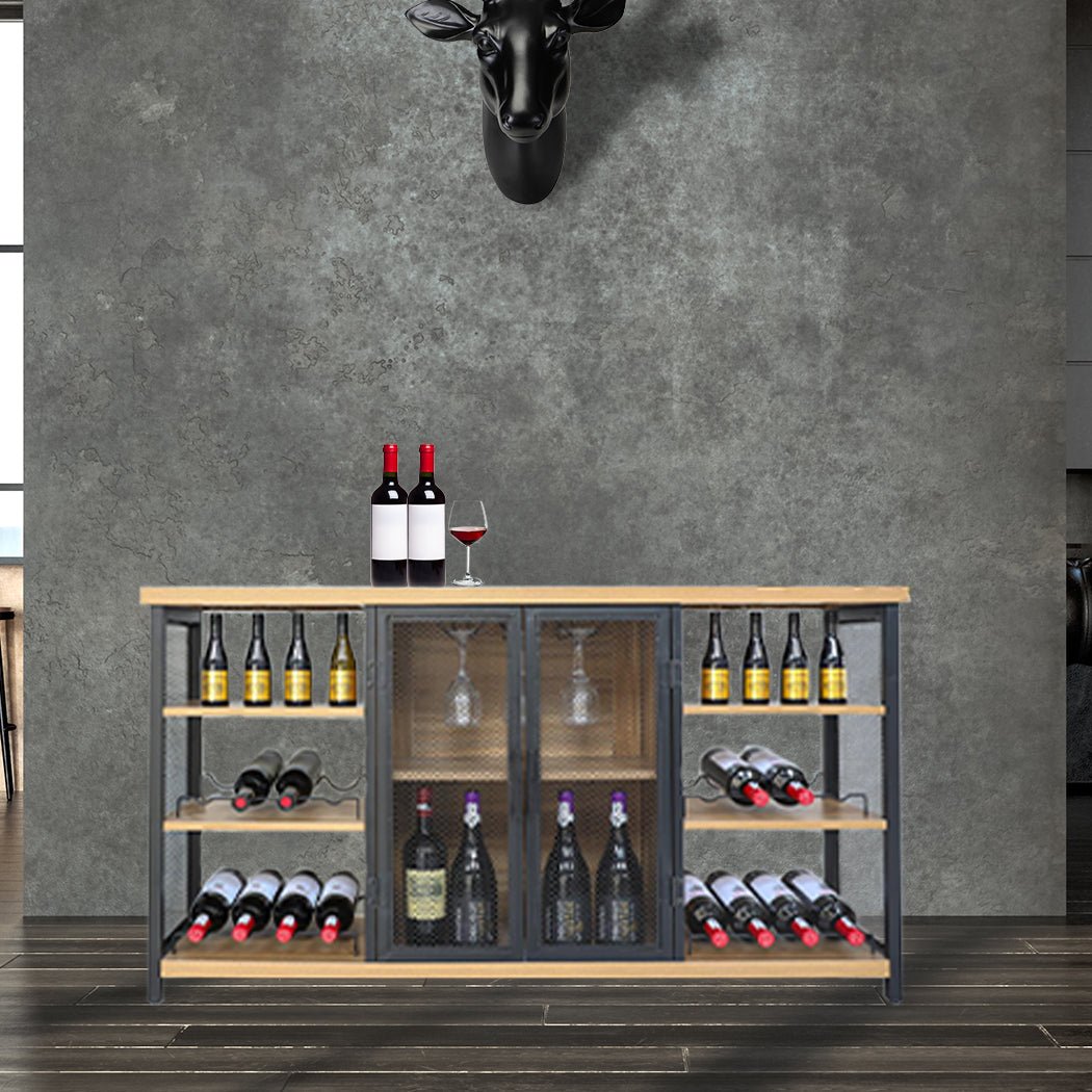 Industrial Bar Cabinet Buffet Sideboard with Wine Rack - Oak and Black - Rivercity House & Home Co. (ABN 18 642 972 209) - Affordable Modern Furniture Australia