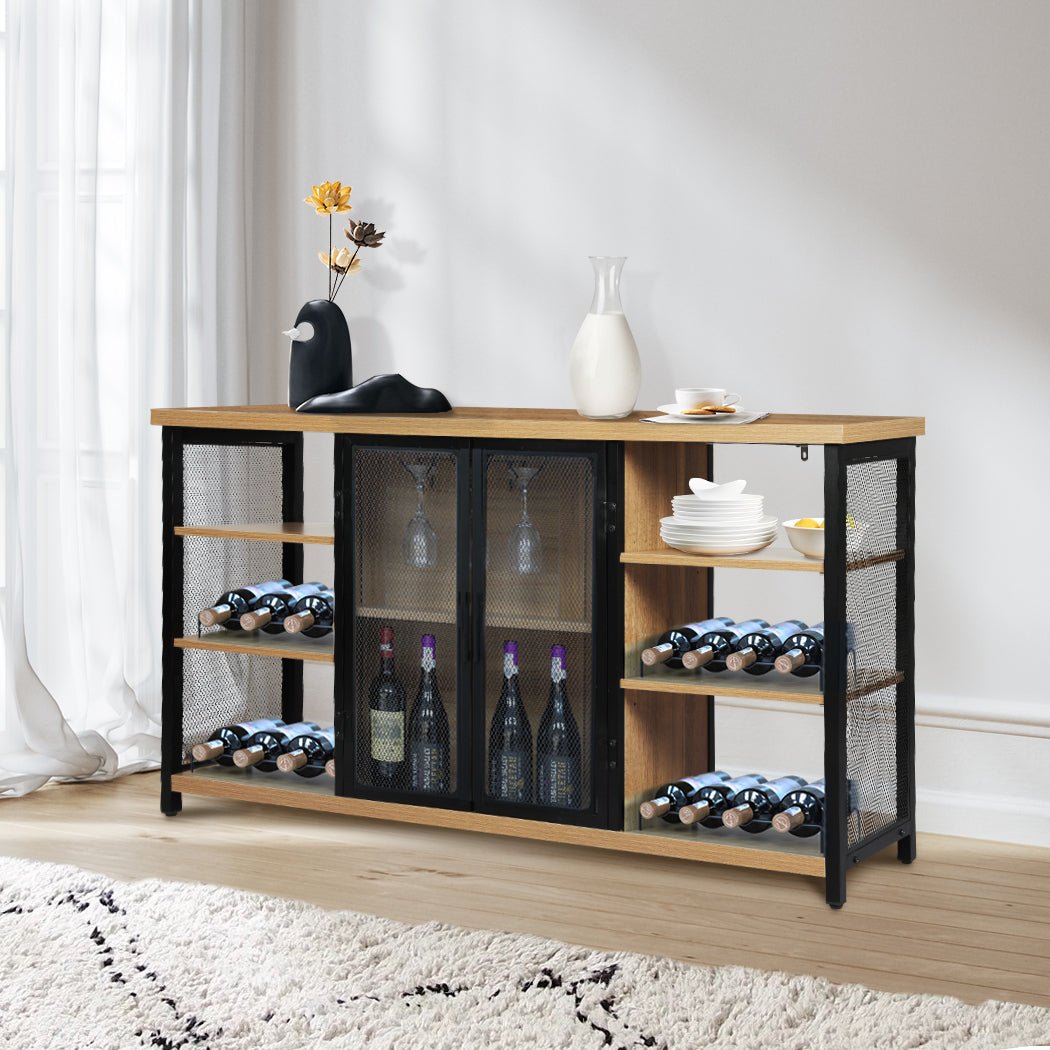 Industrial Bar Cabinet Buffet Sideboard with Wine Rack - Oak and Black - Rivercity House & Home Co. (ABN 18 642 972 209) - Affordable Modern Furniture Australia